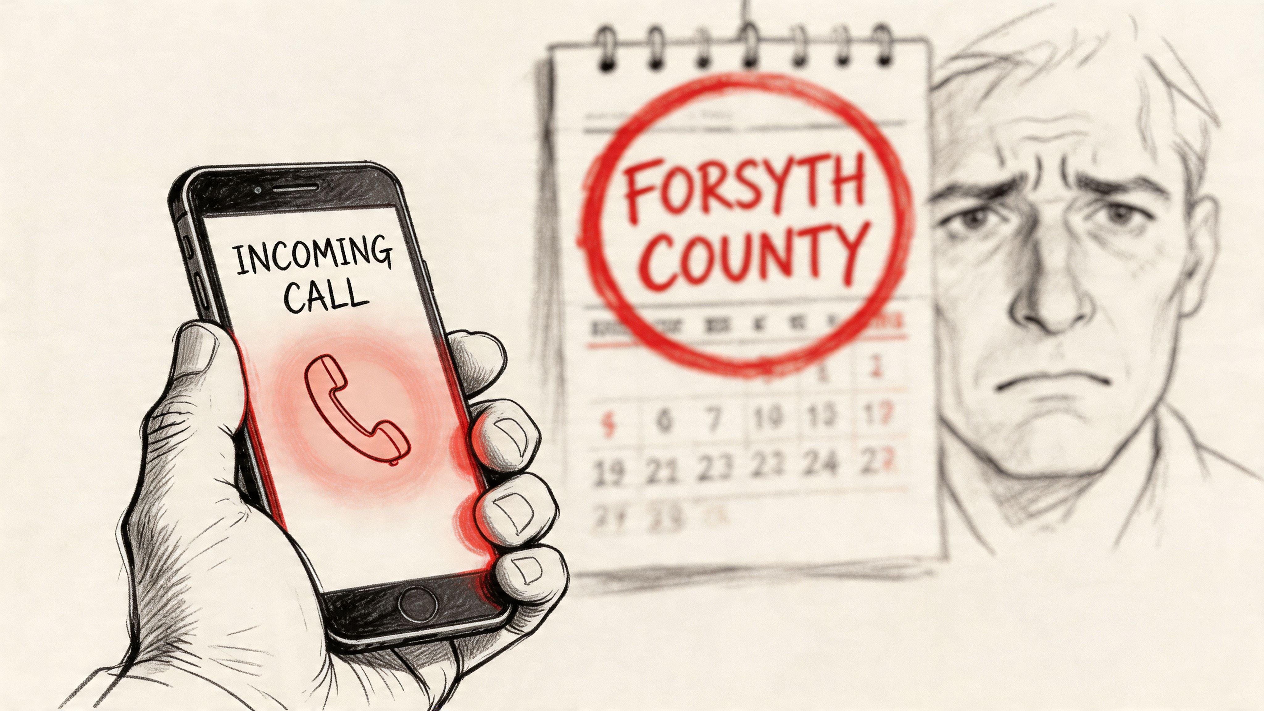 A hand holds a smartphone showing an incoming call next to a calendar marked Forsyth County.