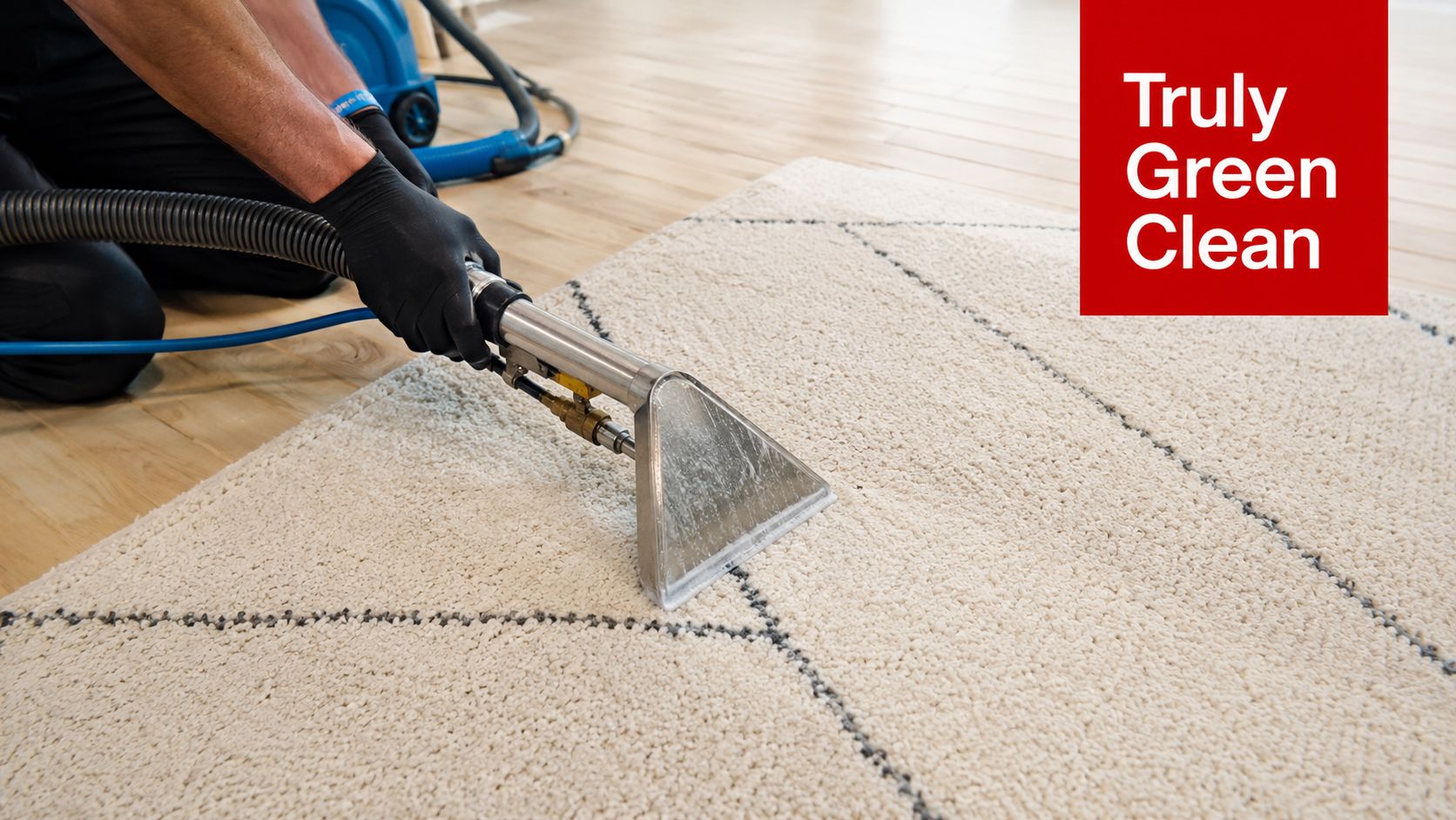A professional cleaner using a steam wand to deep clean a white patterned rug on hardwood floors.