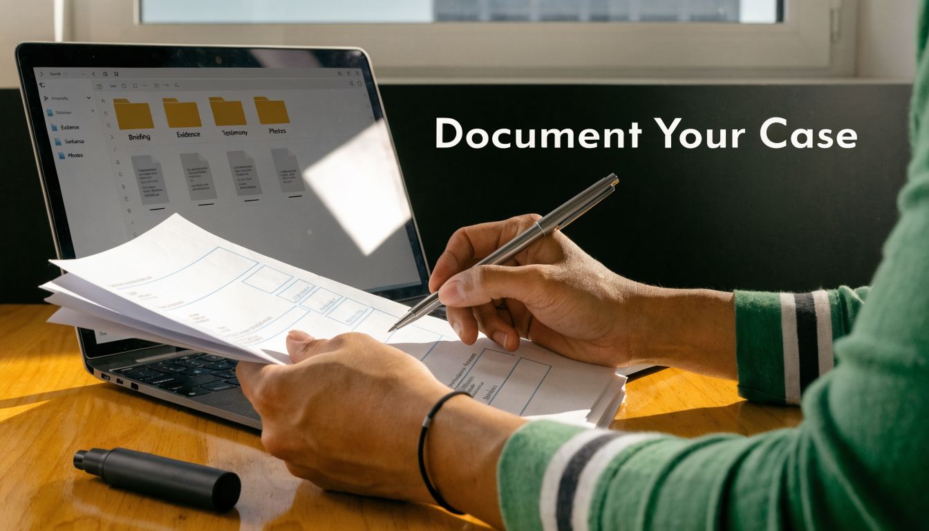 A person writing on a document while viewing digital files on a laptop computer screen.