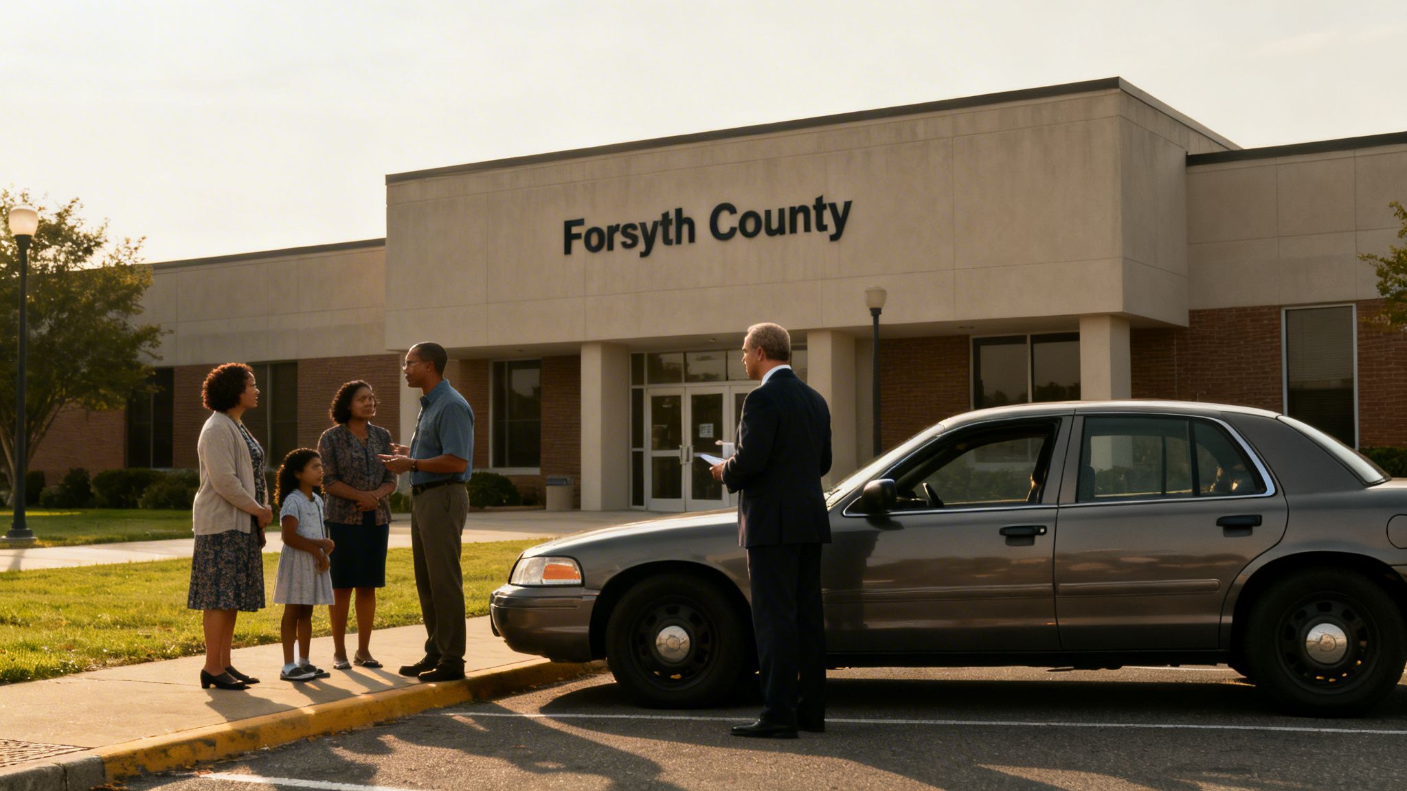A family and a man in a suit talk outside the Forsyth County building, with a car nearby.