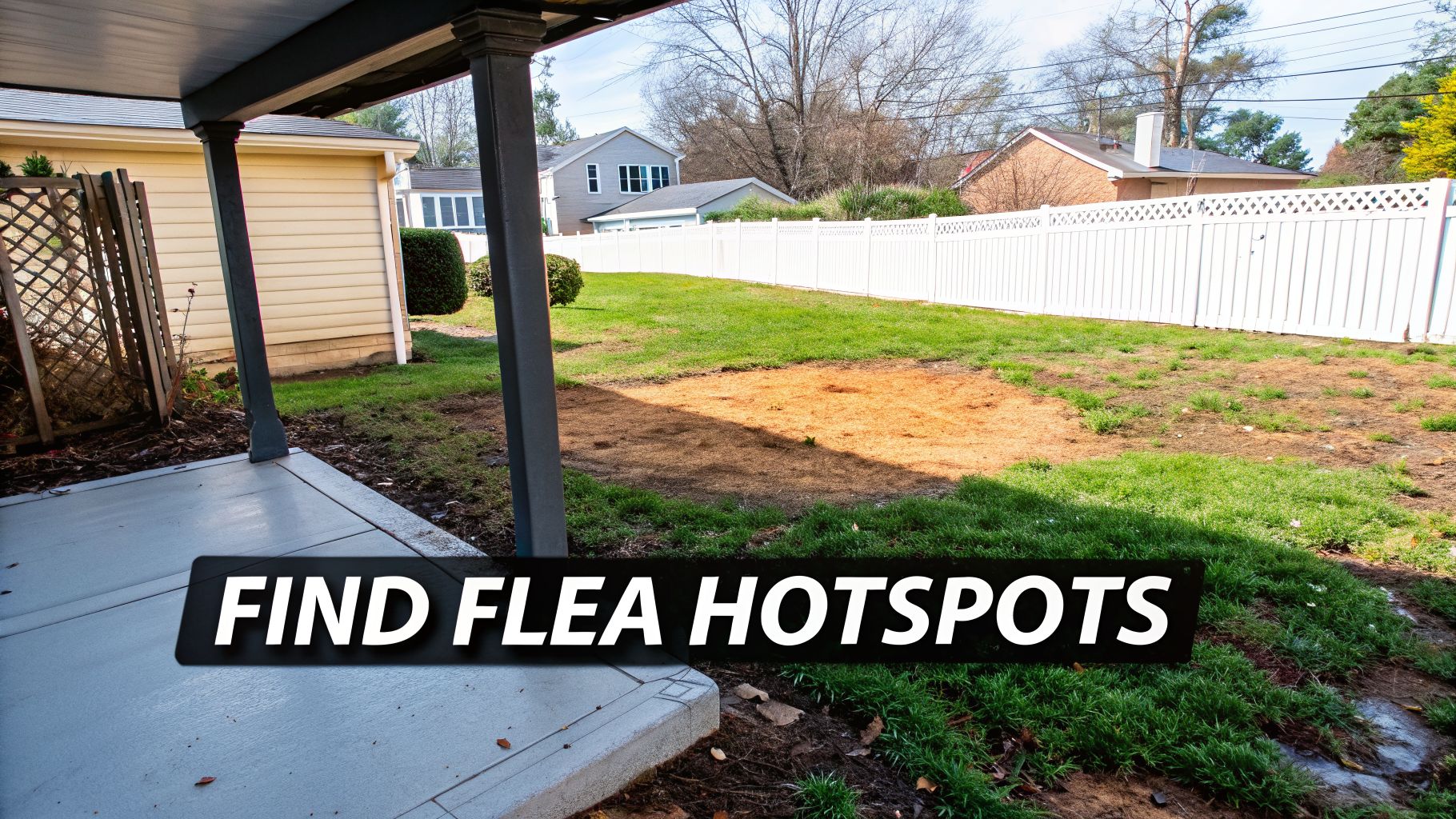 A residential backyard showing a concrete patio, green grass, a dry patch of earth, and a white fence, suggesting flea treatment.