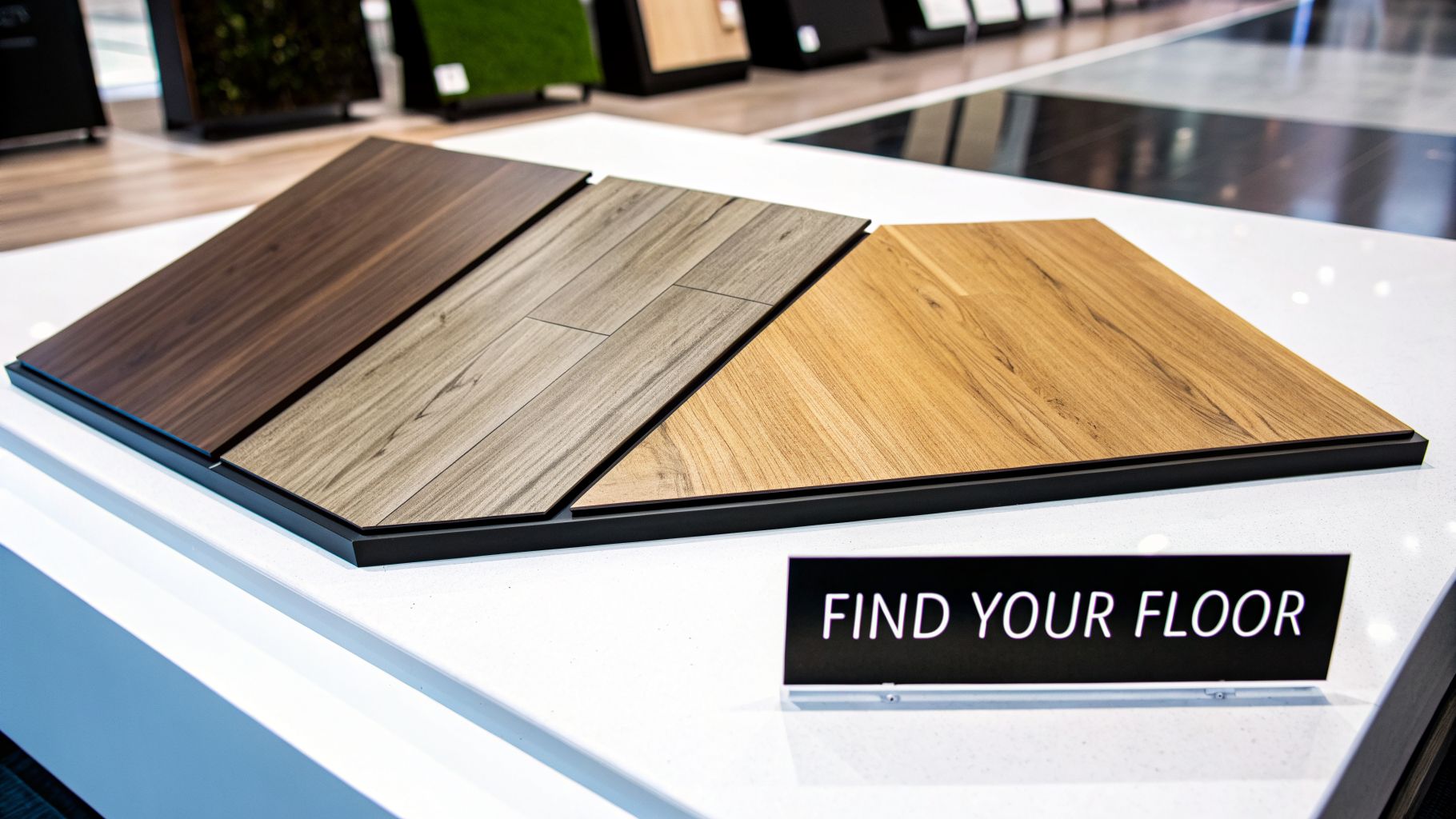 Three diverse wood flooring samples in dark brown, grey, and light brown displayed in a showroom.