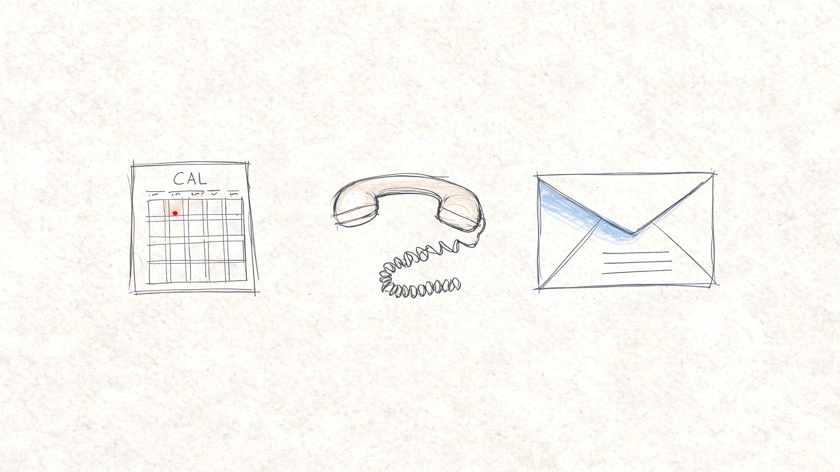 A hand-drawn illustration depicting a calendar, a telephone receiver, and an envelope on a textured background.