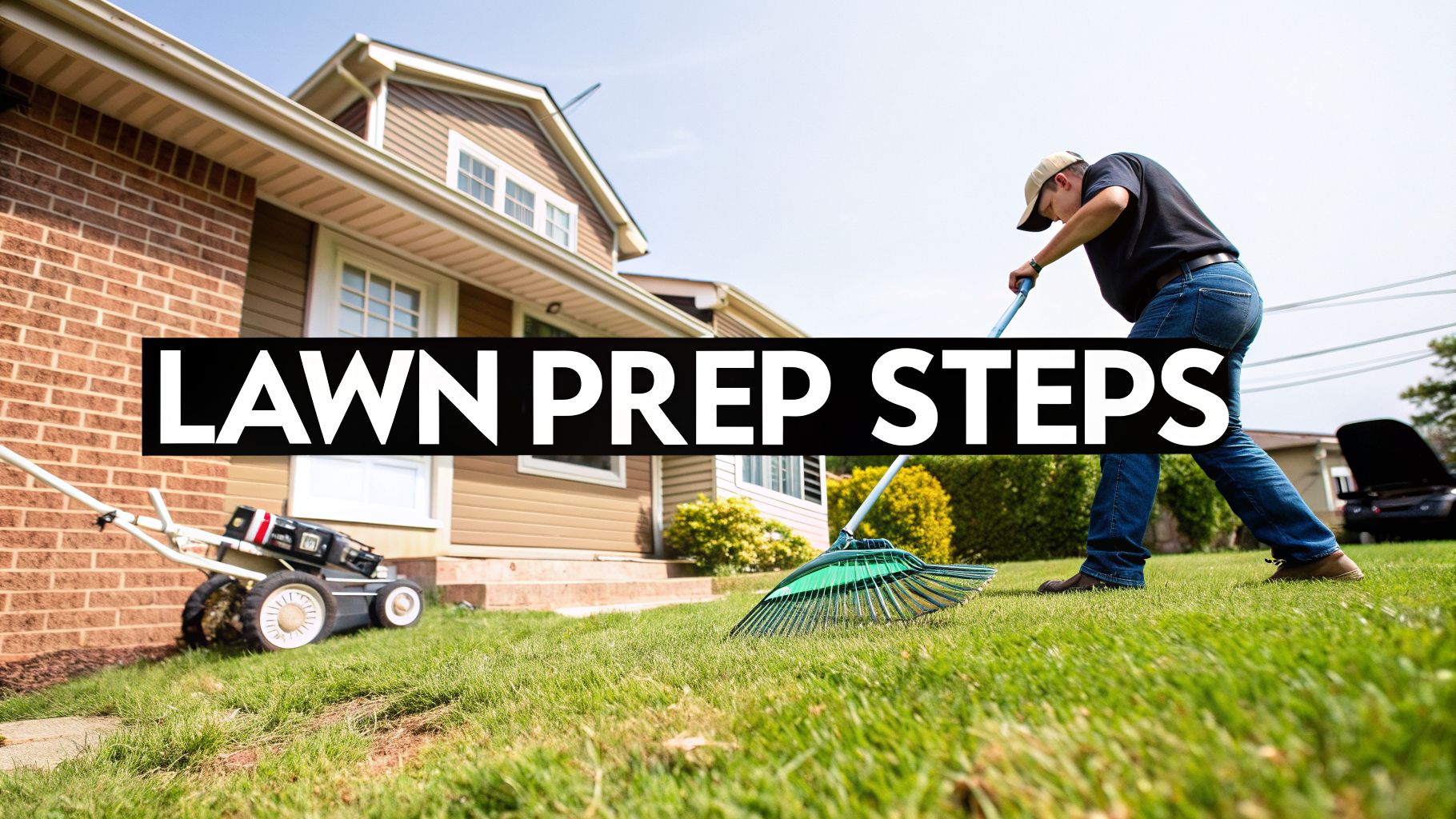 A person rakes a lush green lawn in front of a house, preparing it for maintenance.