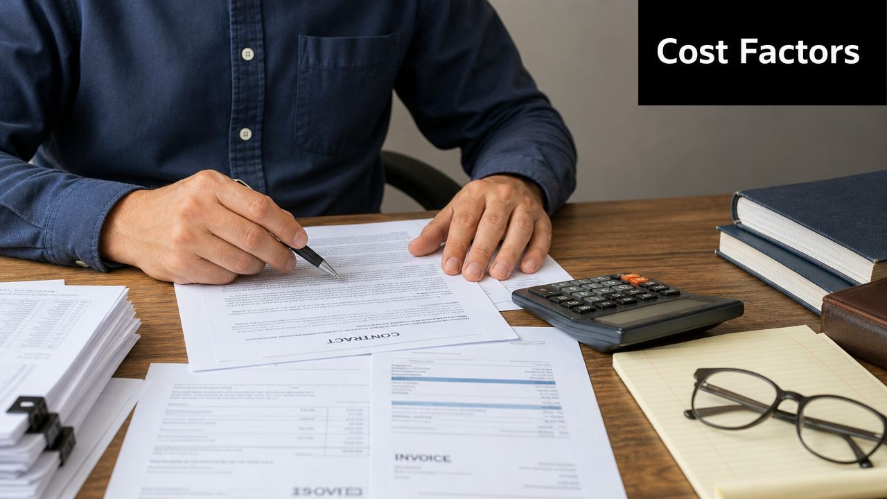A professional analyzing a contract and invoices with a calculator on a wooden office desk.