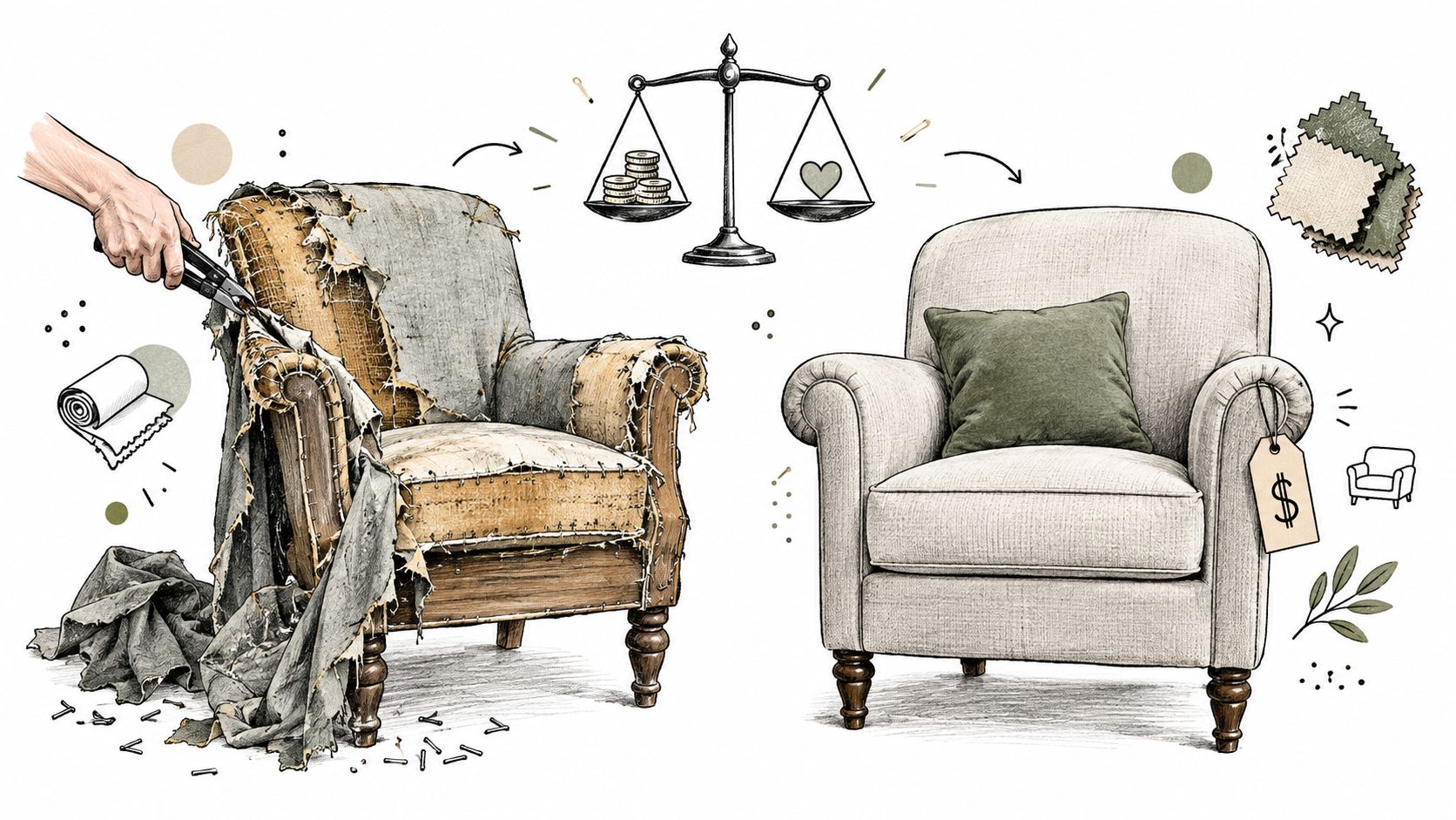 A hand stripping an old, worn armchair, contrasting with a restored, new looking chair with price tag.