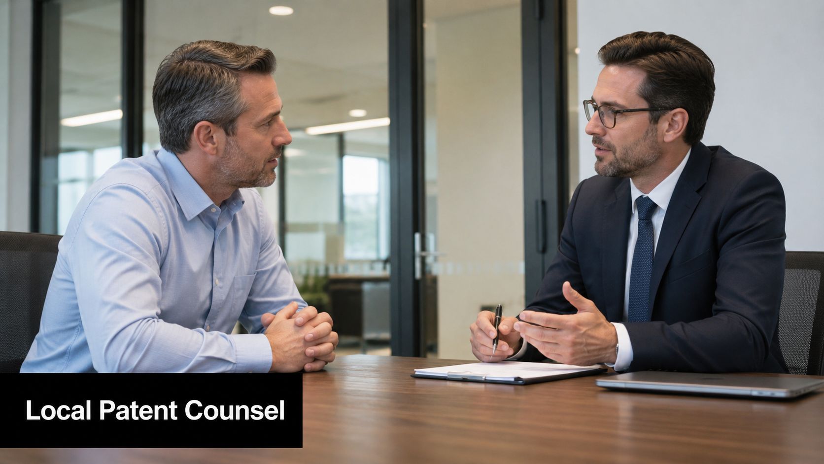 A professional man in a business suit consulting with a client at a wooden office desk.