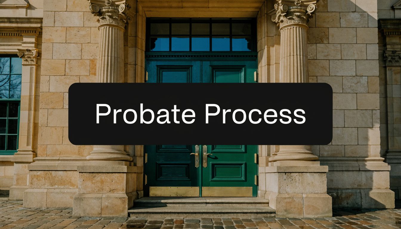 An elegant entrance to a courthouse with a black sign stating the Probate Process for legal context.
