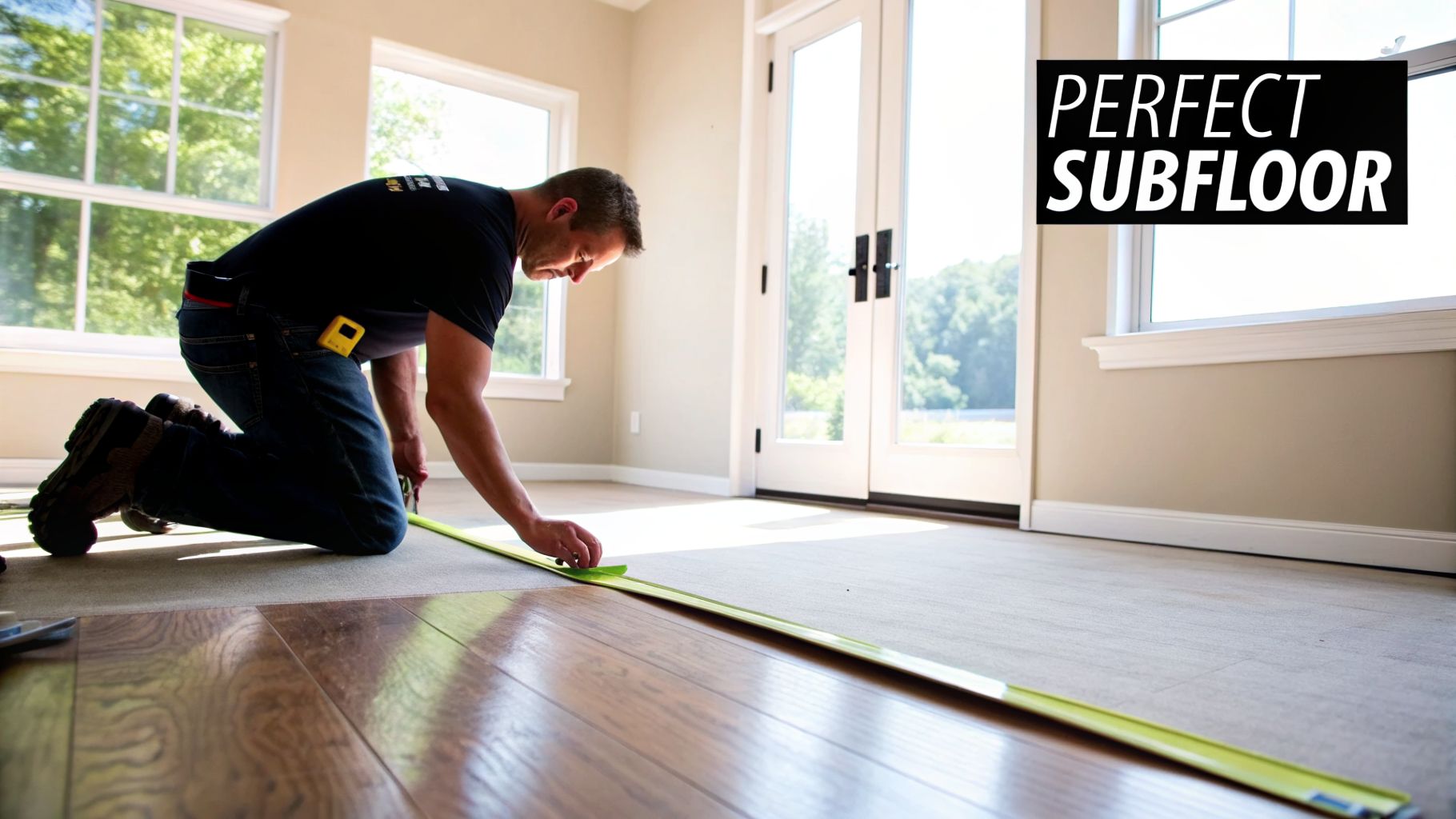 A man on his knees measures a subfloor to install new wood flooring in a bright room.