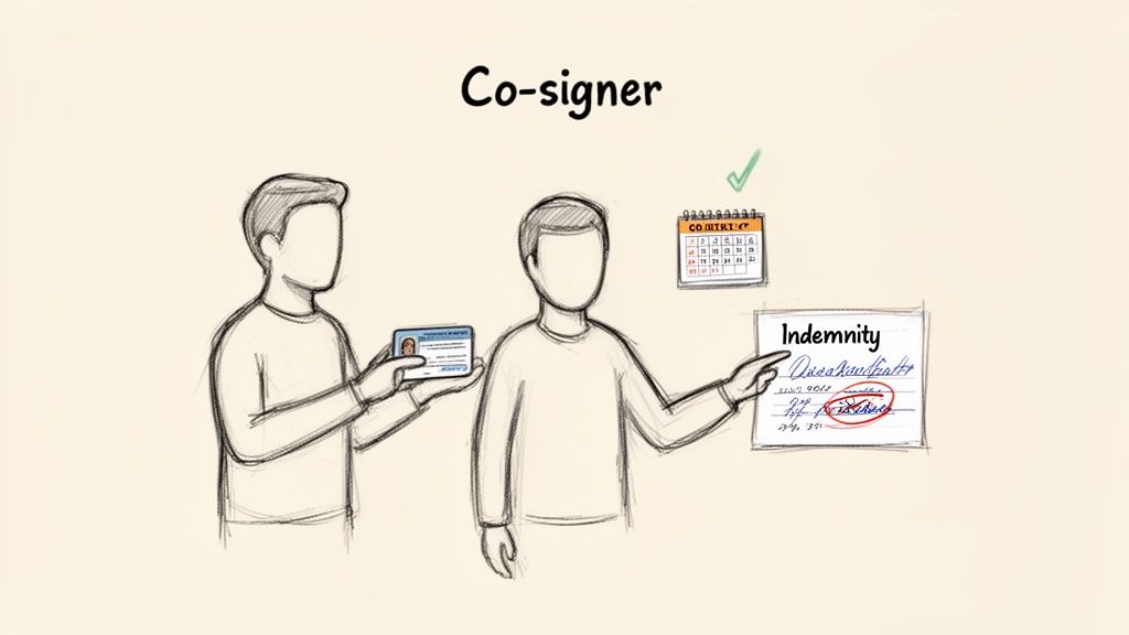 An illustration showing two men, one holding an ID card, the other pointing to an indemnity document, representing a co-signer.