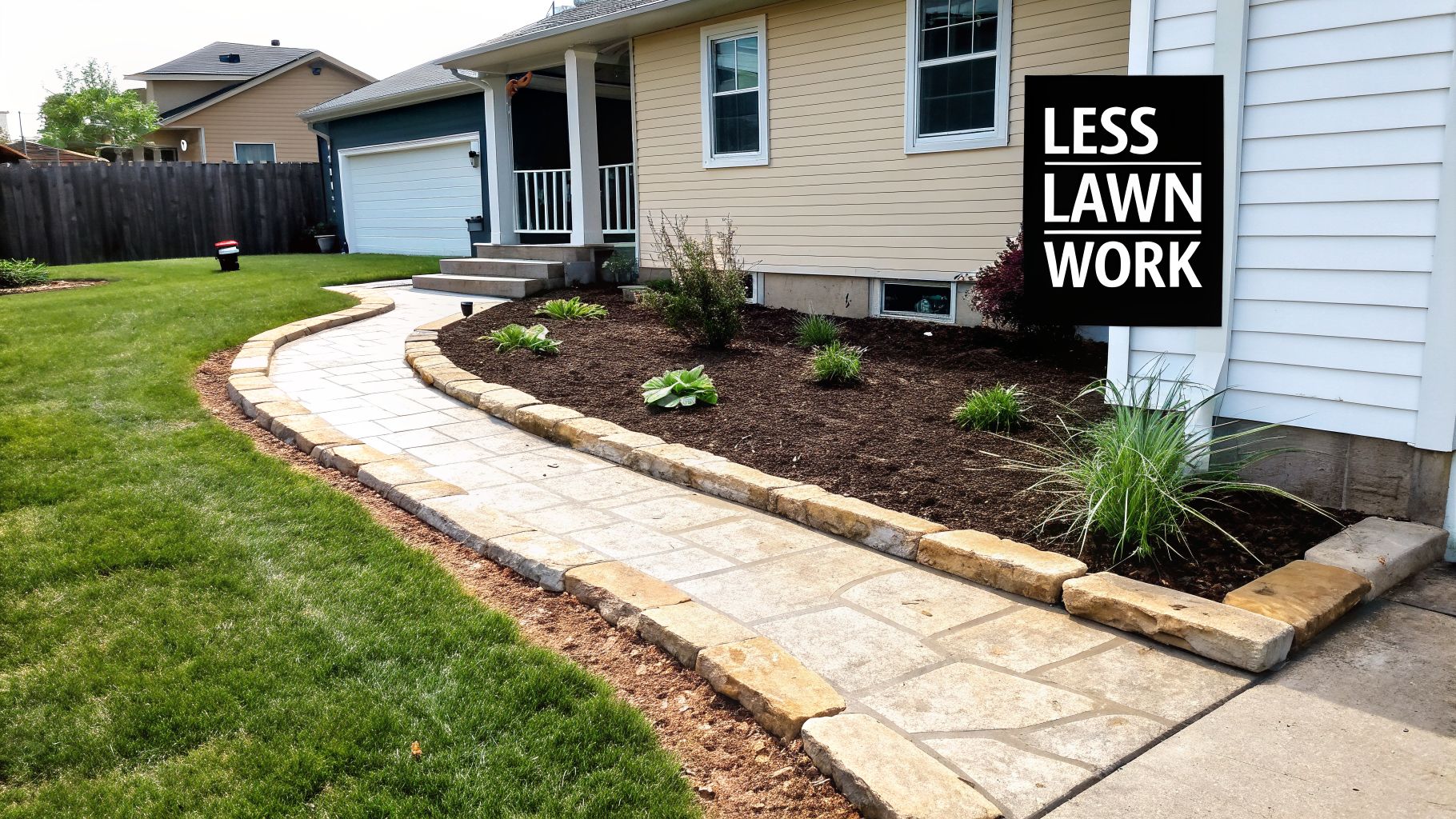A curving stone path separates lawn from a mulched garden with new plants by a house, with a 'Less Lawn Work' sign.