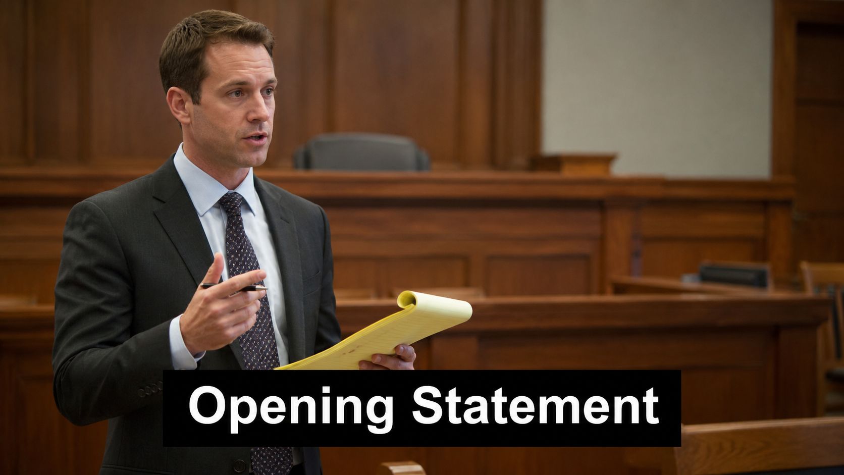 A male lawyer in a suit holding a yellow legal pad in a courtroom, giving an opening statement.