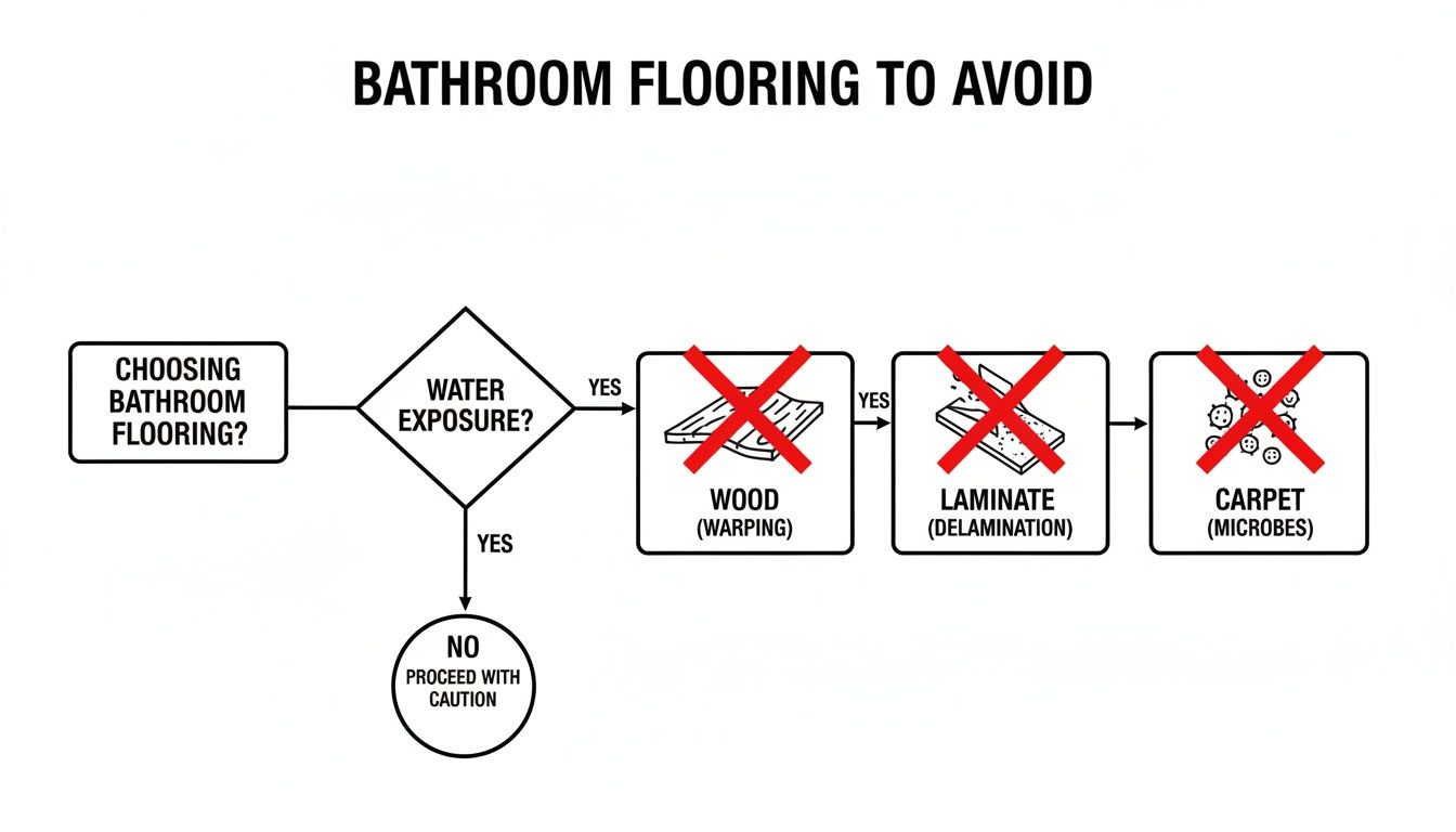 Flowchart illustrating bathroom flooring to avoid due to water exposure, including wood, laminate, and carpet.