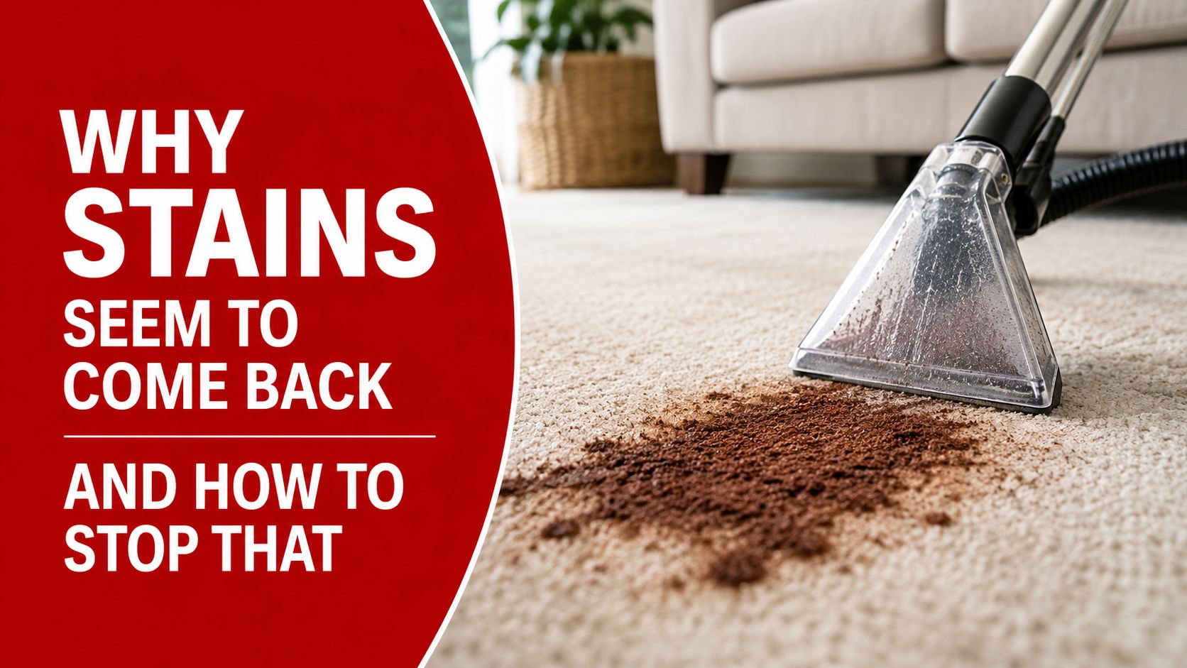 A close-up of a carpet cleaning machine removing a dark coffee stain from a beige carpet.