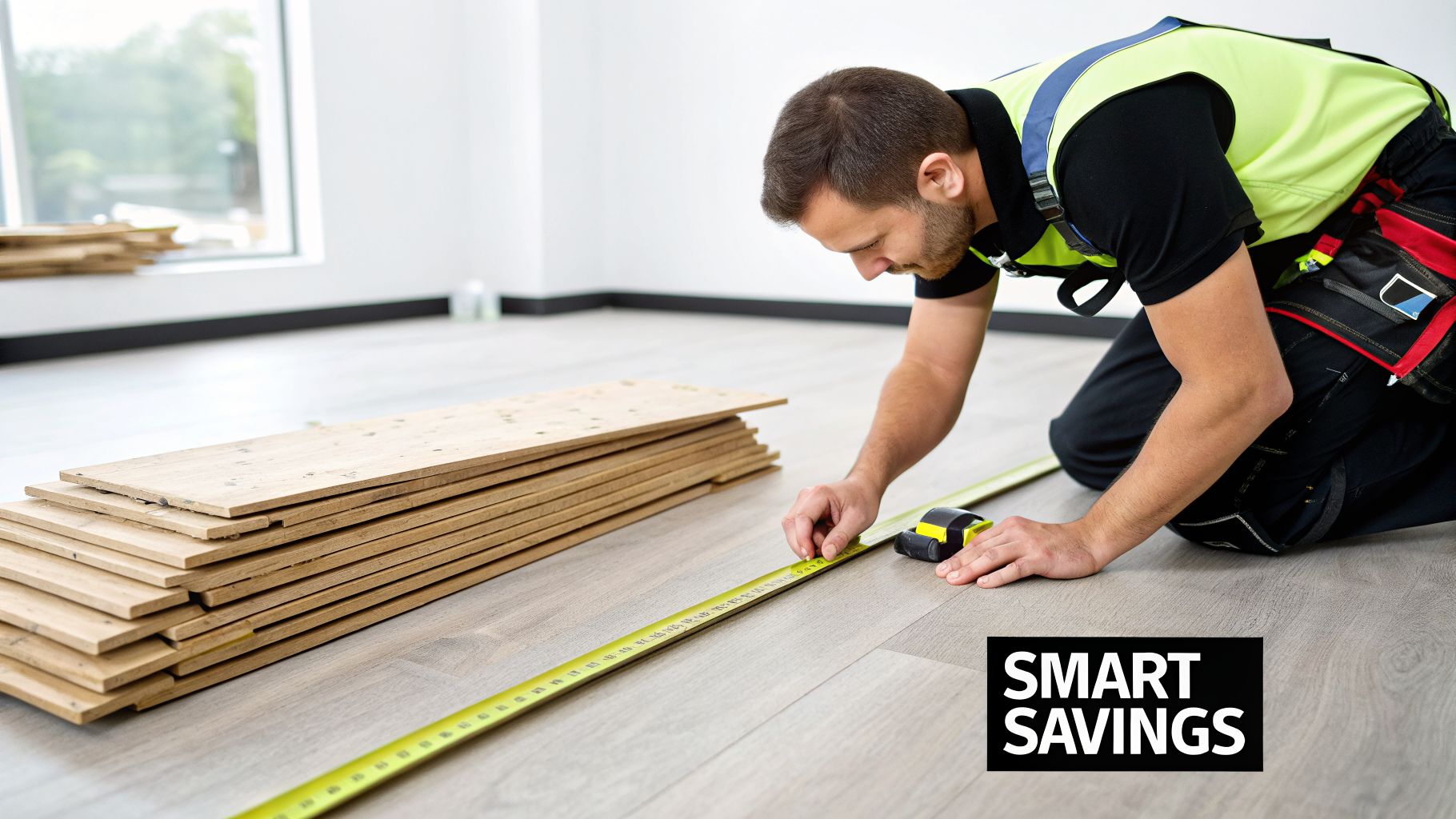 A man in a hi-vis vest measures new wooden flooring with a tape measure, next to stacked planks.