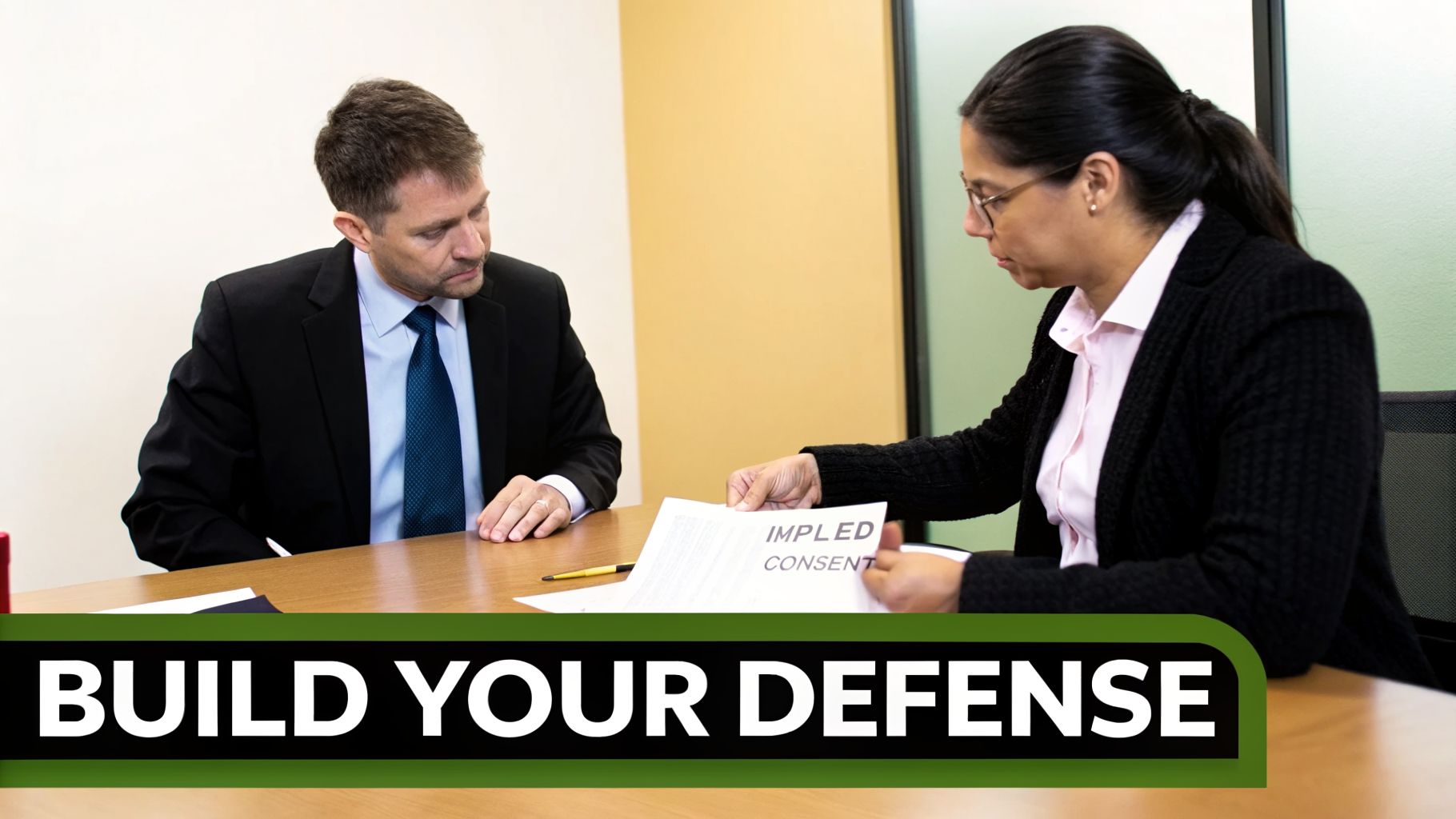 Two people discussing an 'IMPLIED CONSENT' document during a legal consultation to build a defense.