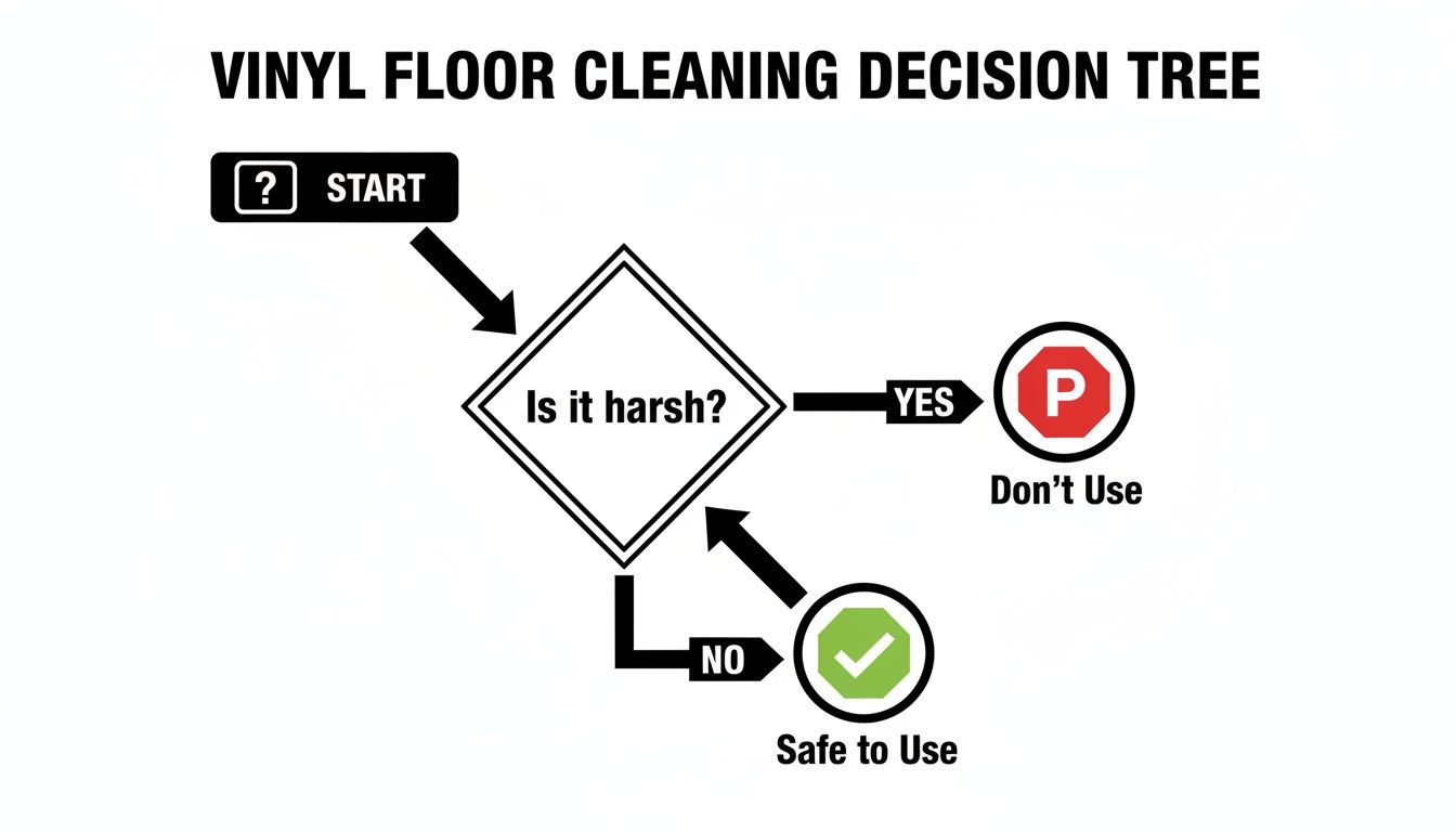A vinyl floor cleaning decision tree flowchart asking 'Is it harsh?' to determine if a product is safe.