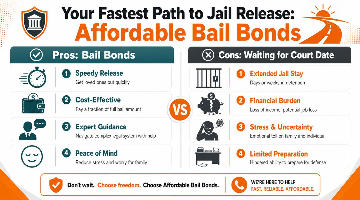 An infographic comparing the benefits of bail bonds against the negative consequences of waiting in jail.