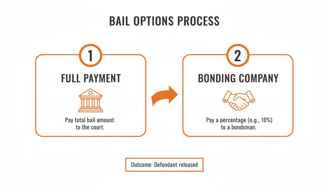 Flowchart illustrating bail options: full payment to court or percentage to bonding company, both leading to defendant release.