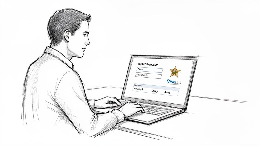 A sketch of a man using a laptop to search inmate information on a VINELink application.