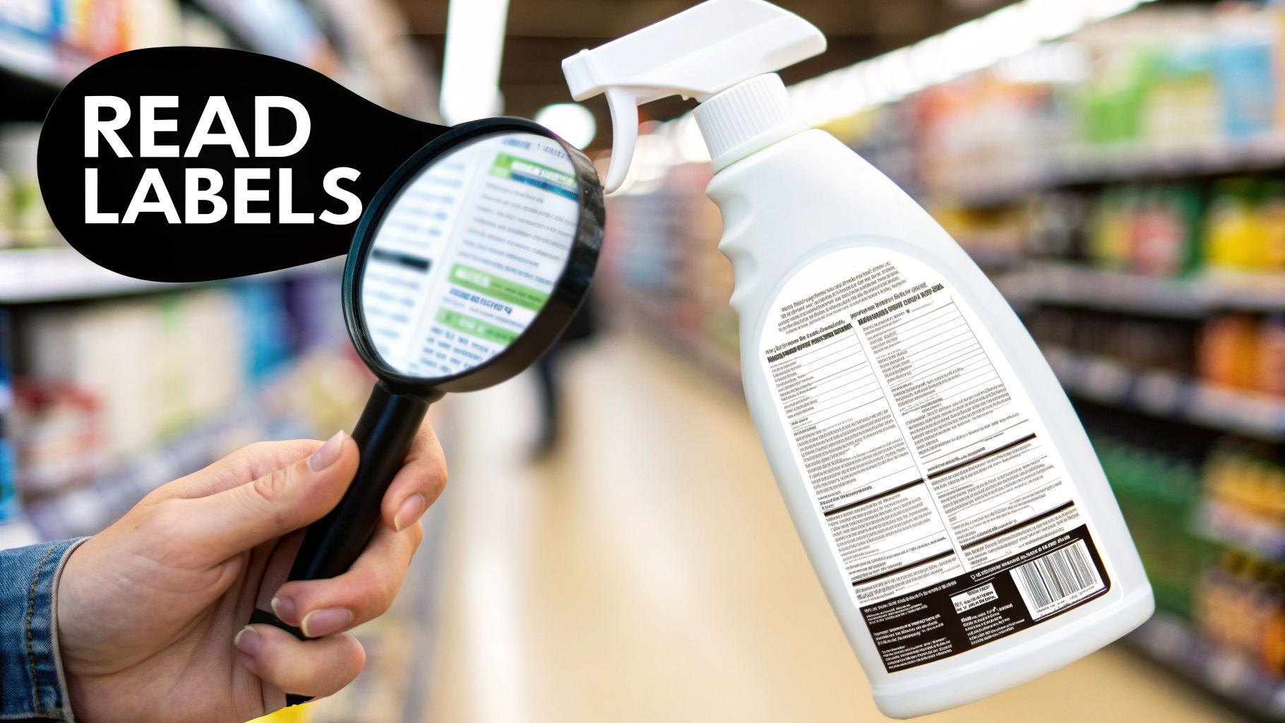 A person uses a magnifying glass to read a label on a white spray bottle in a store aisle, with 'READ LABELS' text.