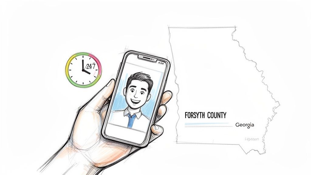 Illustration of a hand holding a phone with a man, 24/7 clock, and map of Forsyth County, Georgia.