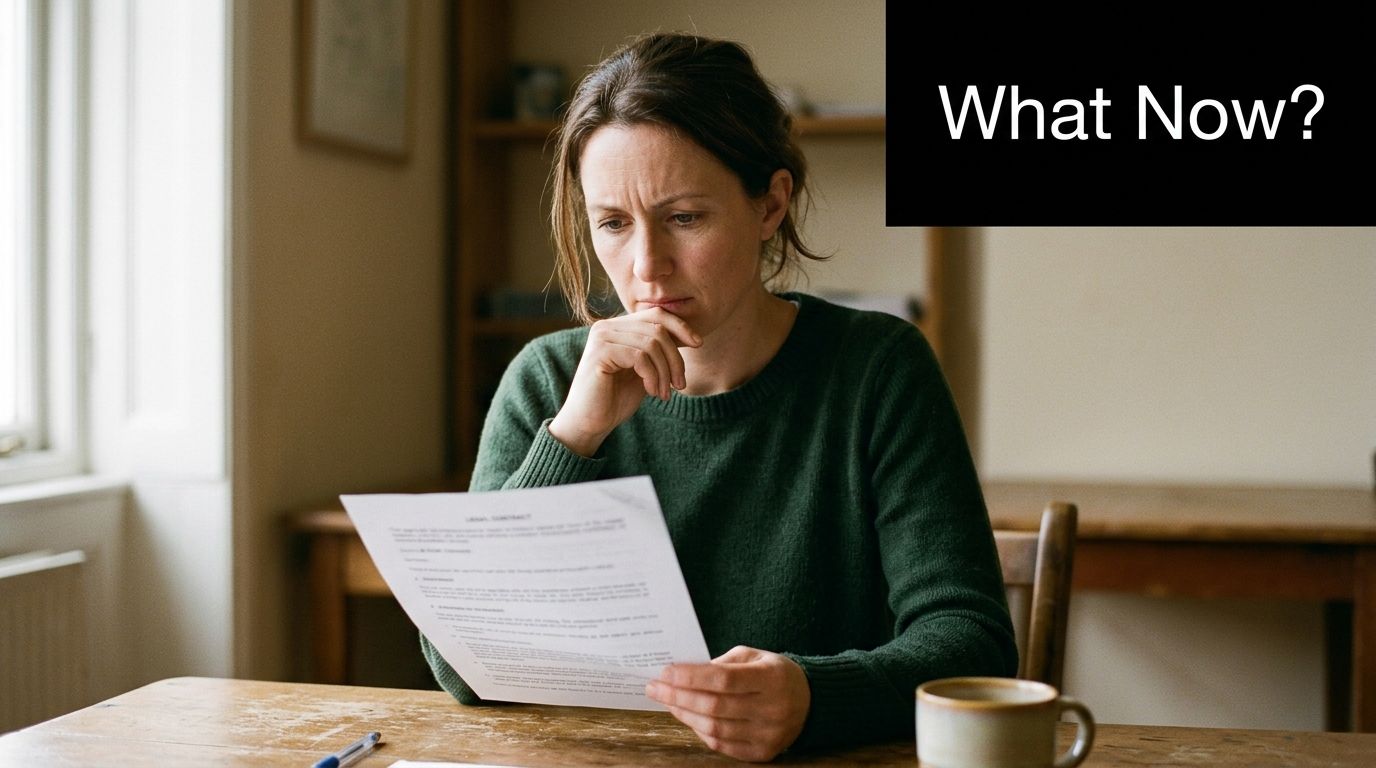 A pensive woman sits at a wooden table reviewing legal documents while pondering her next steps.