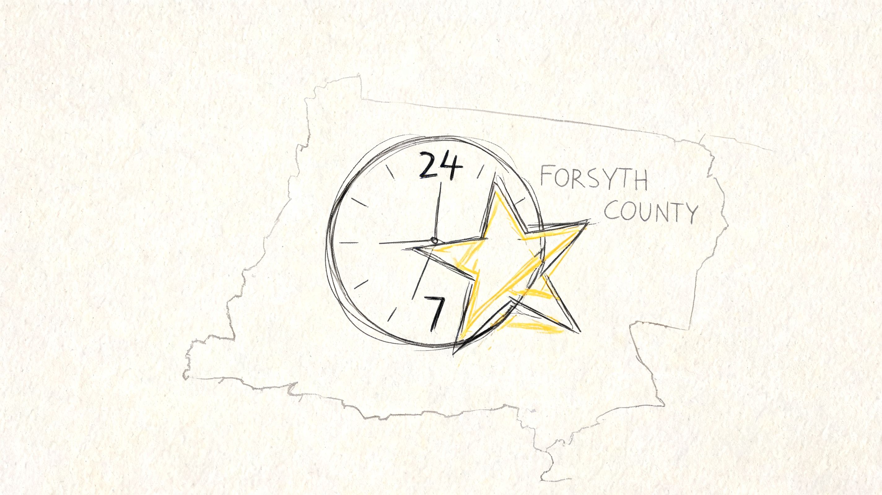 A hand-drawn sketch of a clock face with a yellow star on a Forsyth County map outline.