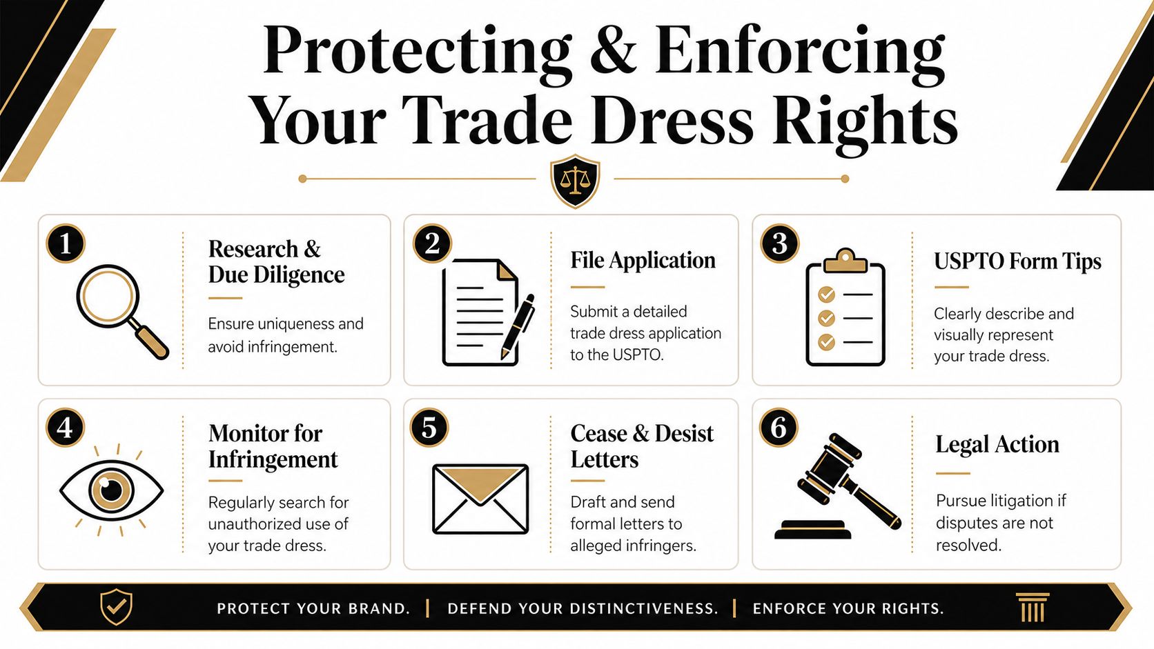 An infographic titled Protecting and Enforcing Your Trade Dress Rights with six numbered steps.