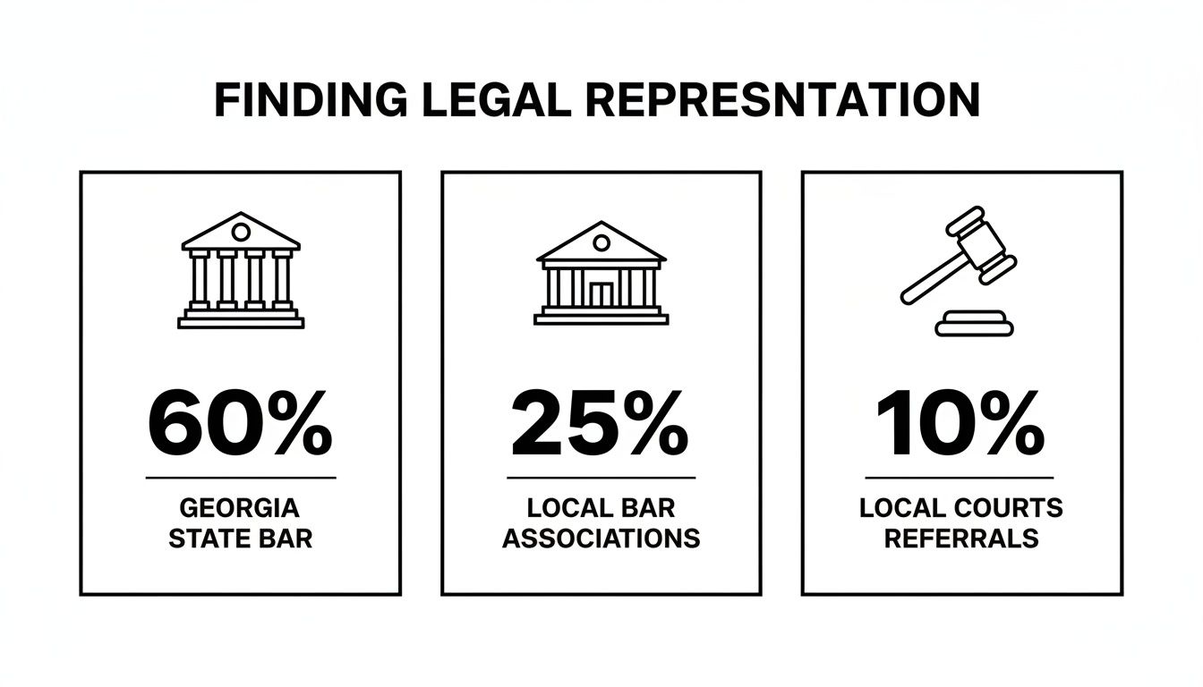 Infographic showing how people find legal representation: Georgia State Bar 60%, Local Bar Associations 25%, Local Courts Referrals 10%.