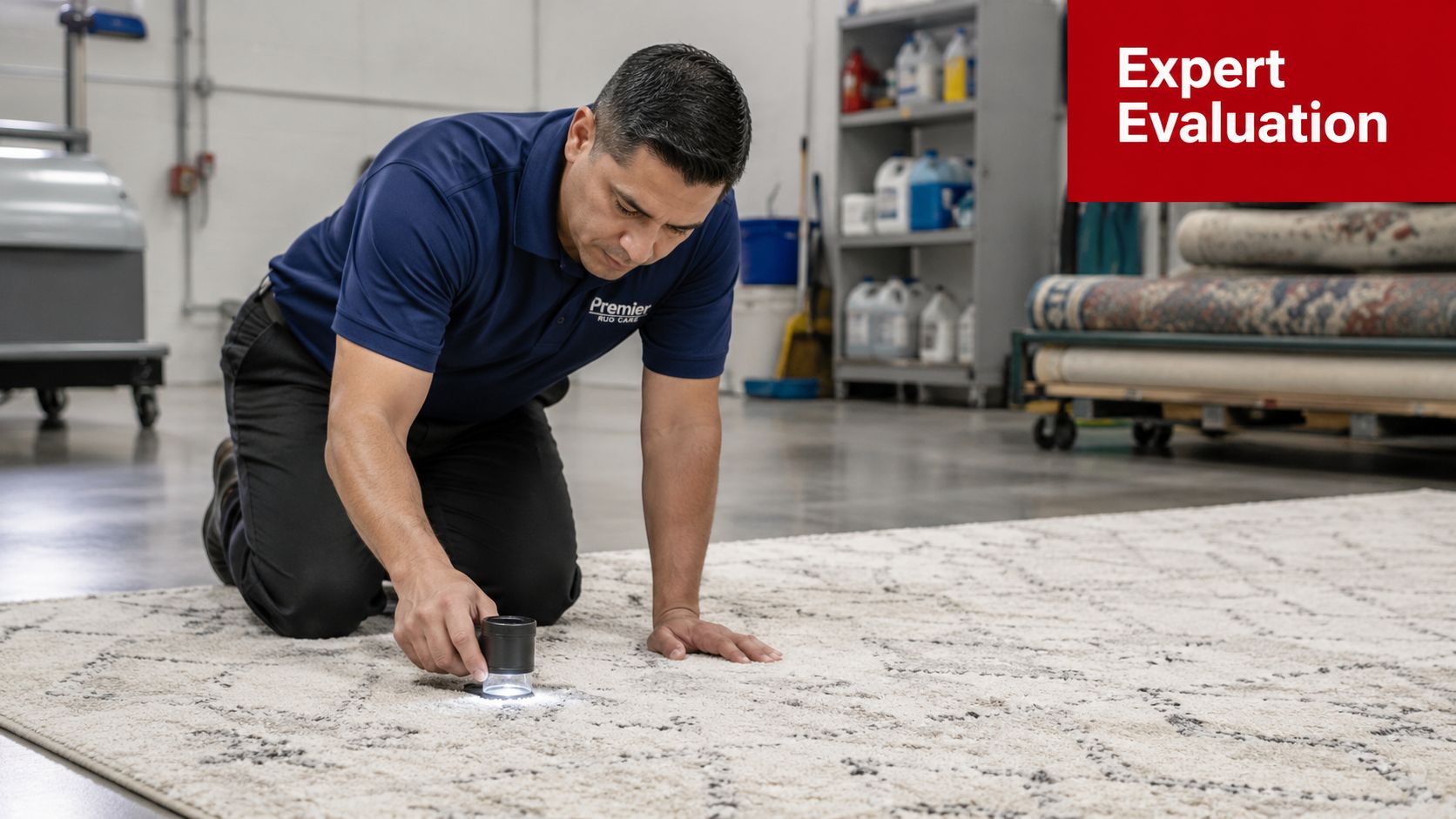A professional technician kneeling on the floor to perform a detailed inspection of a polyester rug.