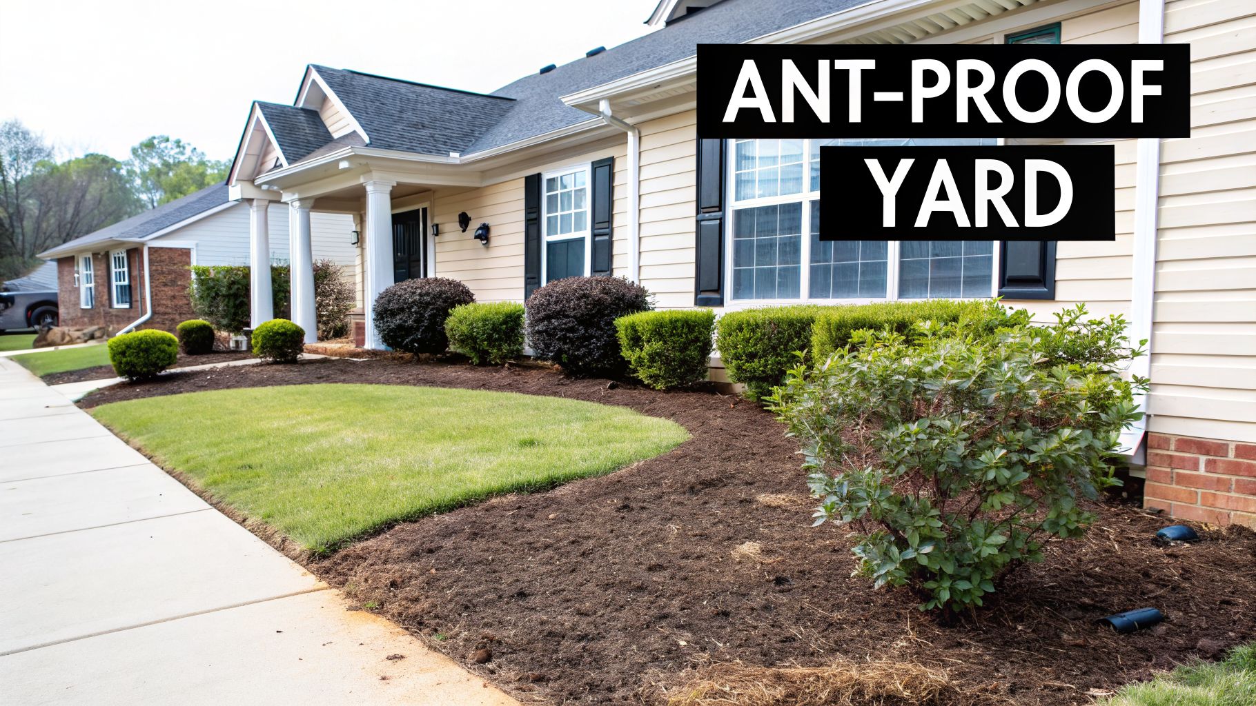 A well-maintained suburban house with a green lawn and landscaped garden, featuring an 'ANT-PROOF YARD' sign.