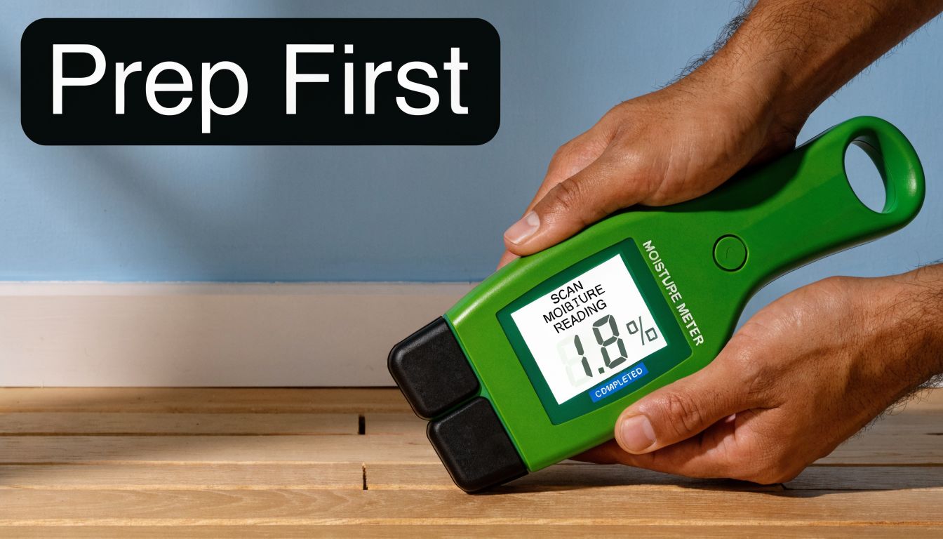A person uses a green moisture meter to check the humidity levels of hardwood flooring planks.