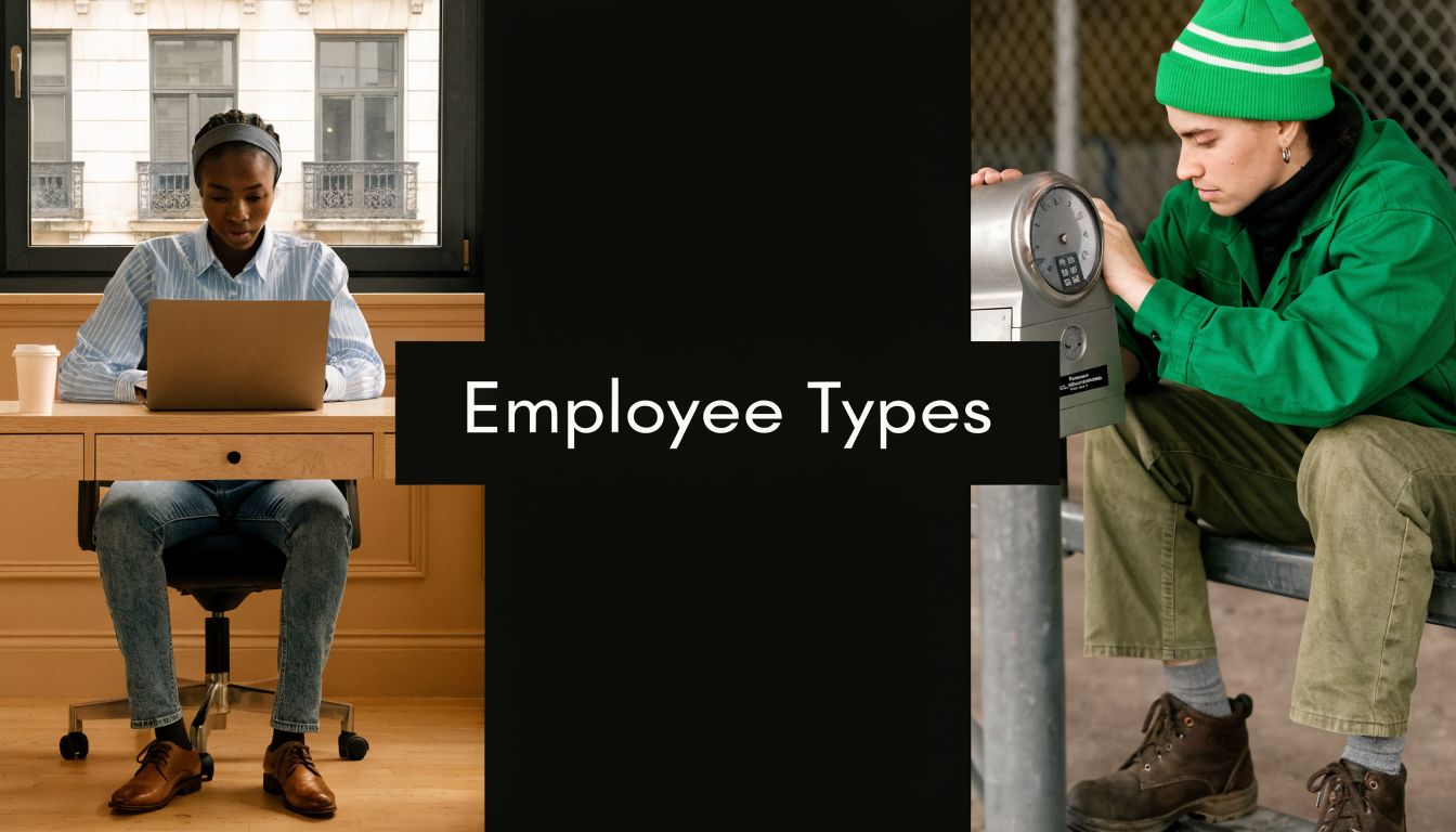 A split screen showing a professional woman working at a desk and a man checking a parking meter.