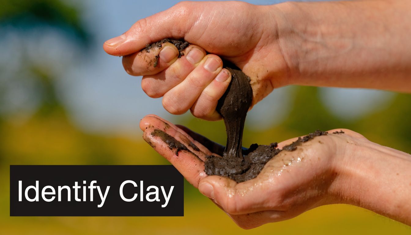 A pair of hands holding and testing dark, sticky heavy clay soil to determine its texture.