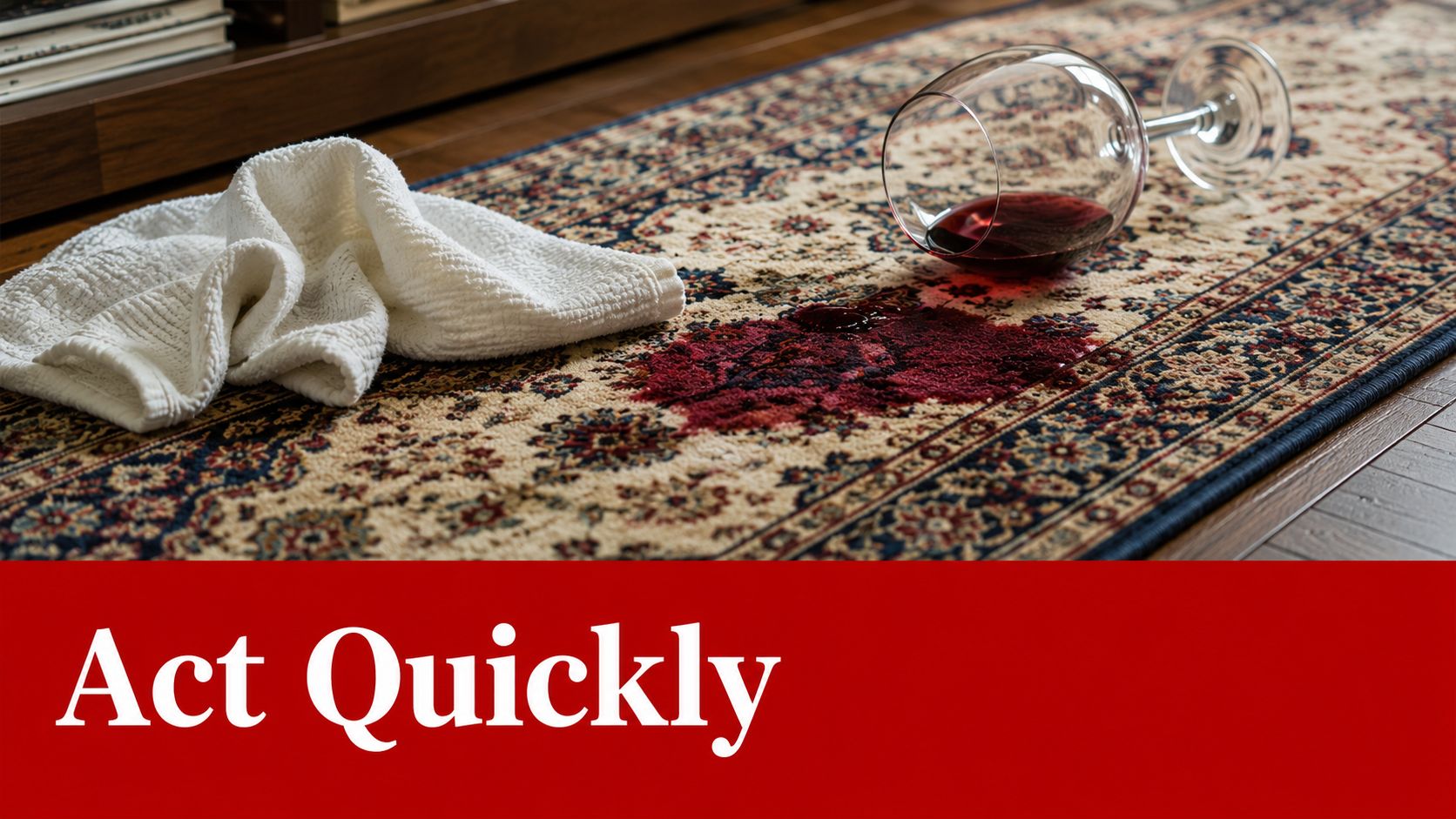 A spilled glass of red wine on an ornate antique rug next to a white cleaning cloth.