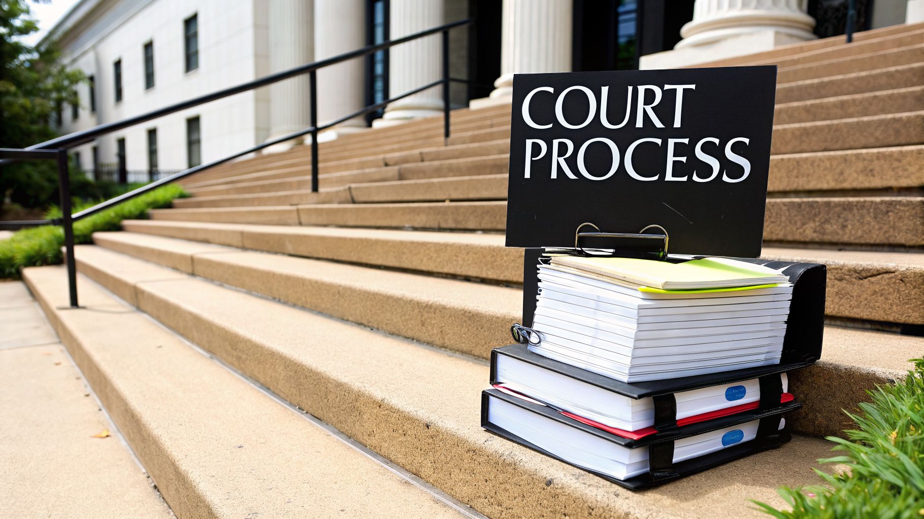 A sign reading 'COURT PROCESS' next to legal binders on courthouse steps, symbolizing legal proceedings.