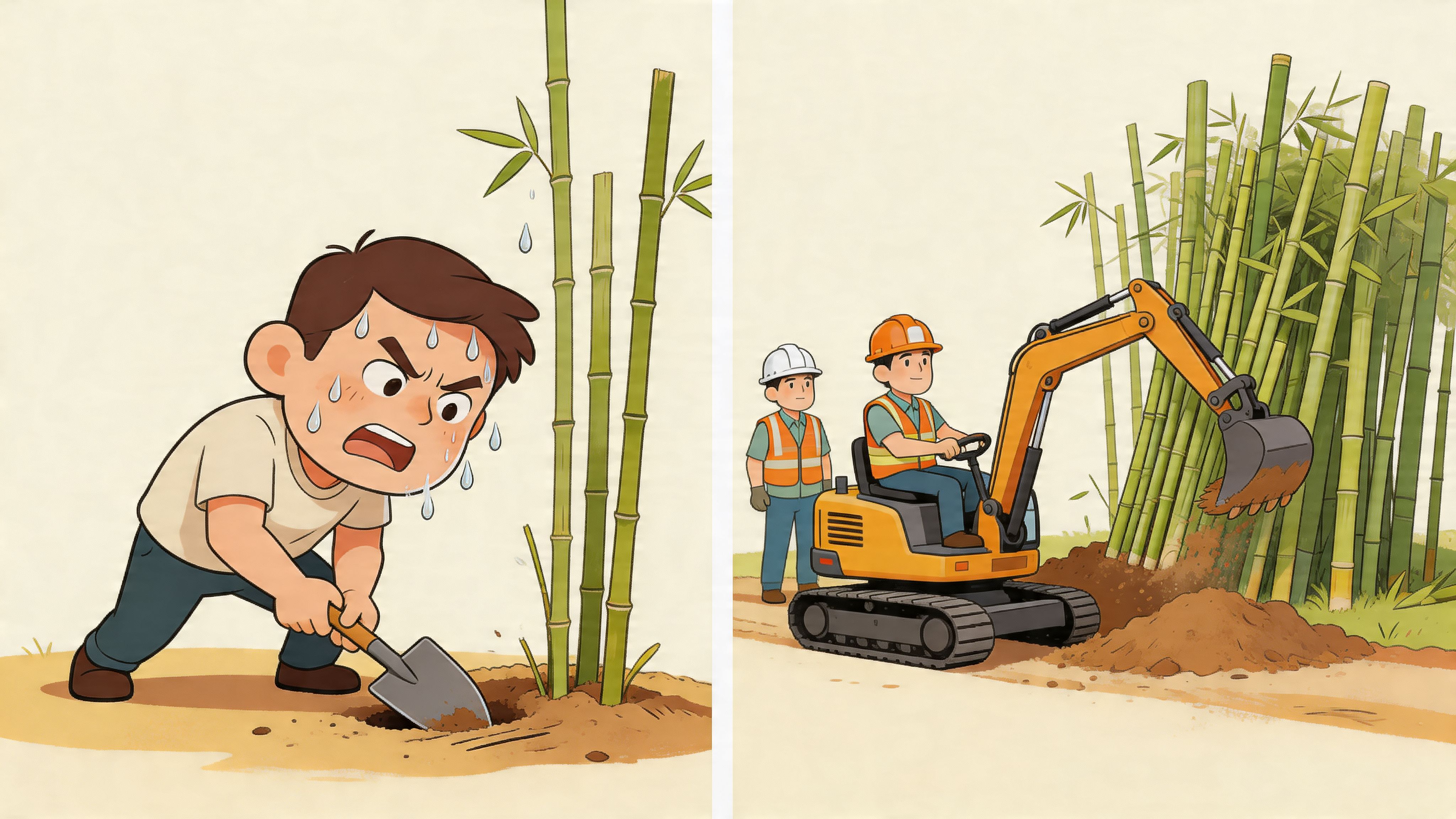 Comparison illustration showing a man manually digging with a shovel versus professionals using an excavator for bamboo removal.