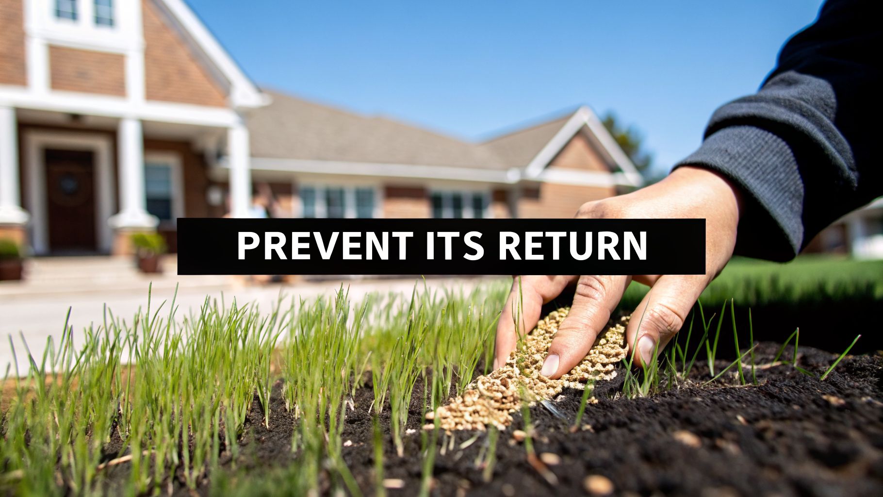 A hand spreads granules, likely fertilizer or grass seeds, on a new lawn with green sprouts and a house in the background.