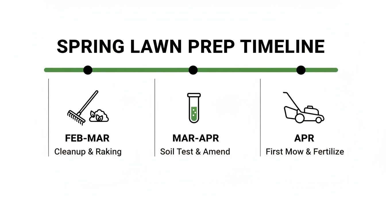 Spring lawn preparation timeline showing cleanup, soil testing, and first mow from February to April.