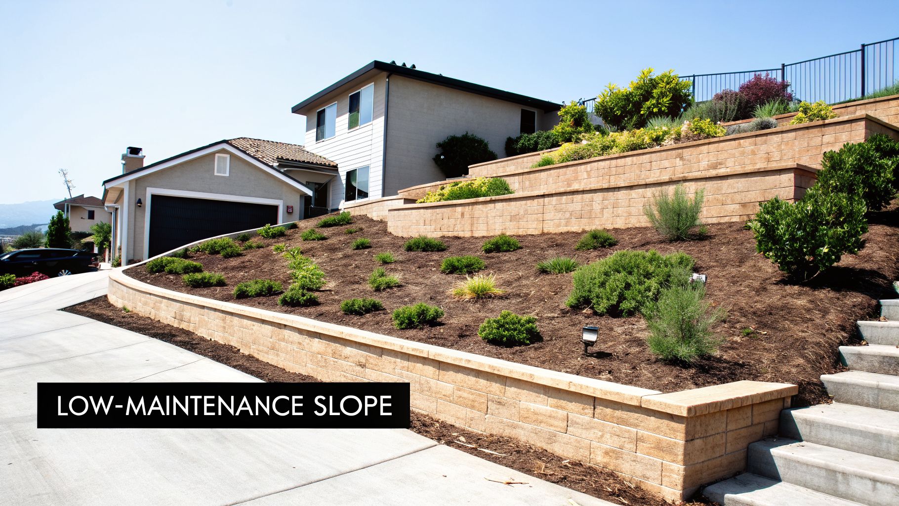 Modern house with tiered retaining walls and low-maintenance landscaping on a sunny residential hillside.