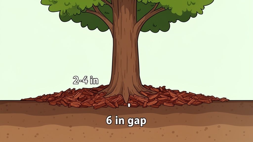 An illustration showing proper tree mulching with a 2-4 inch layer and a 6 inch gap from the trunk.