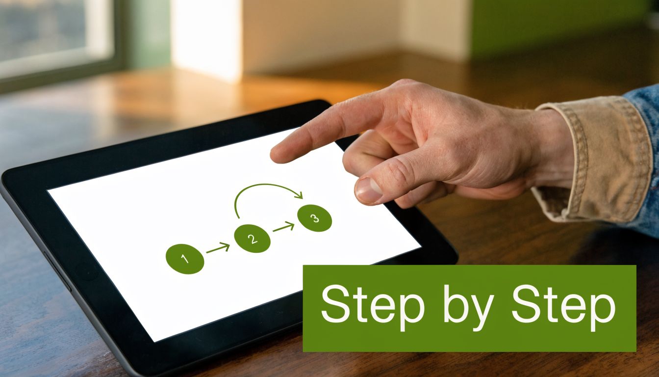 A person uses their finger to touch a digital tablet screen displaying a three-step process flow.