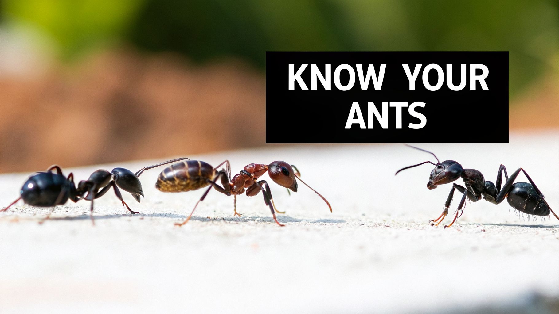 Three different types of ants are displayed on a light surface with a 'KNOW YOUR ANTS' sign.