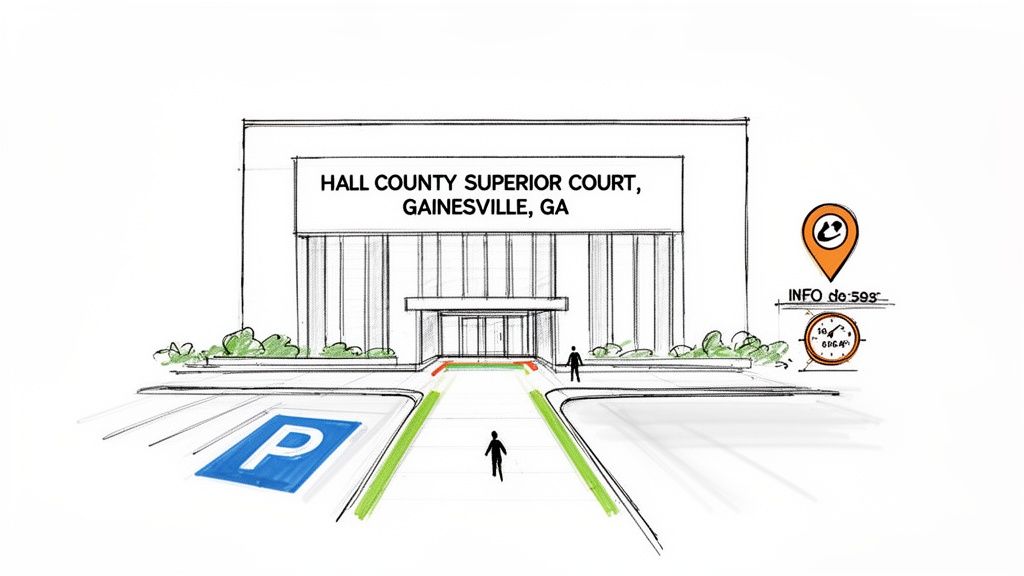 Sketch of Hall County Superior Court, Gainesville, GA, with parking, pathways, and info icons.