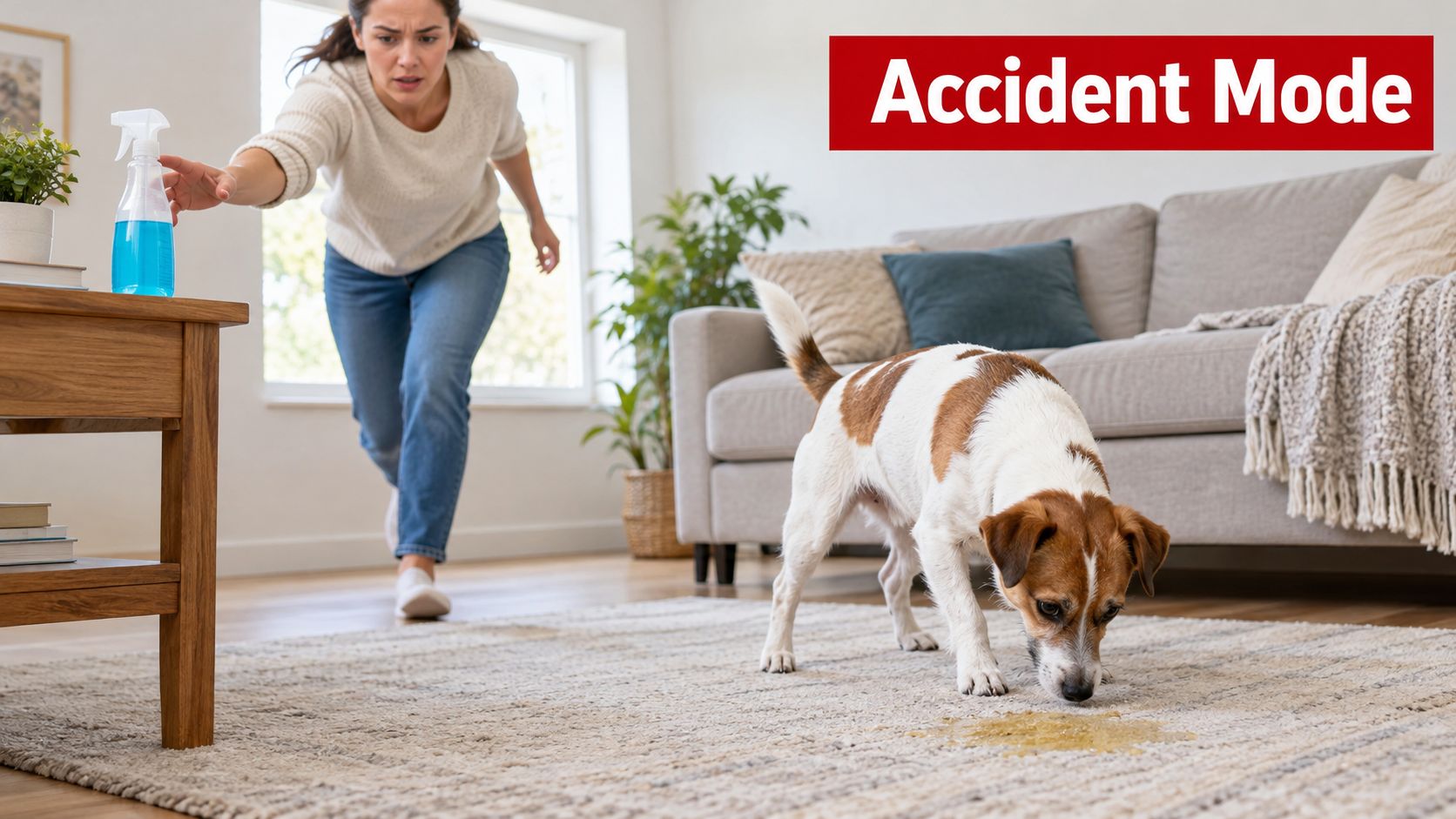 A concerned woman reaching for a spray bottle to clean up her dog's accident on the rug.