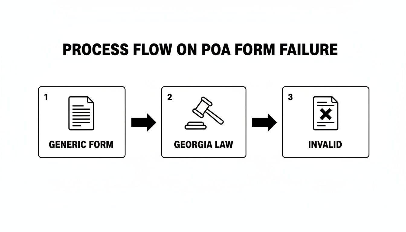 A flowchart illustrates how a generic Power of Attorney (POA) form becomes invalid under Georgia law.