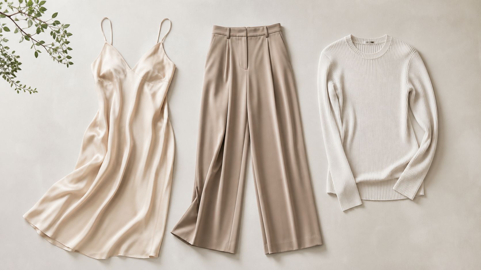 A curated flatlay of a satin slip dress, tailored wide-leg trousers, and a white ribbed sweater.