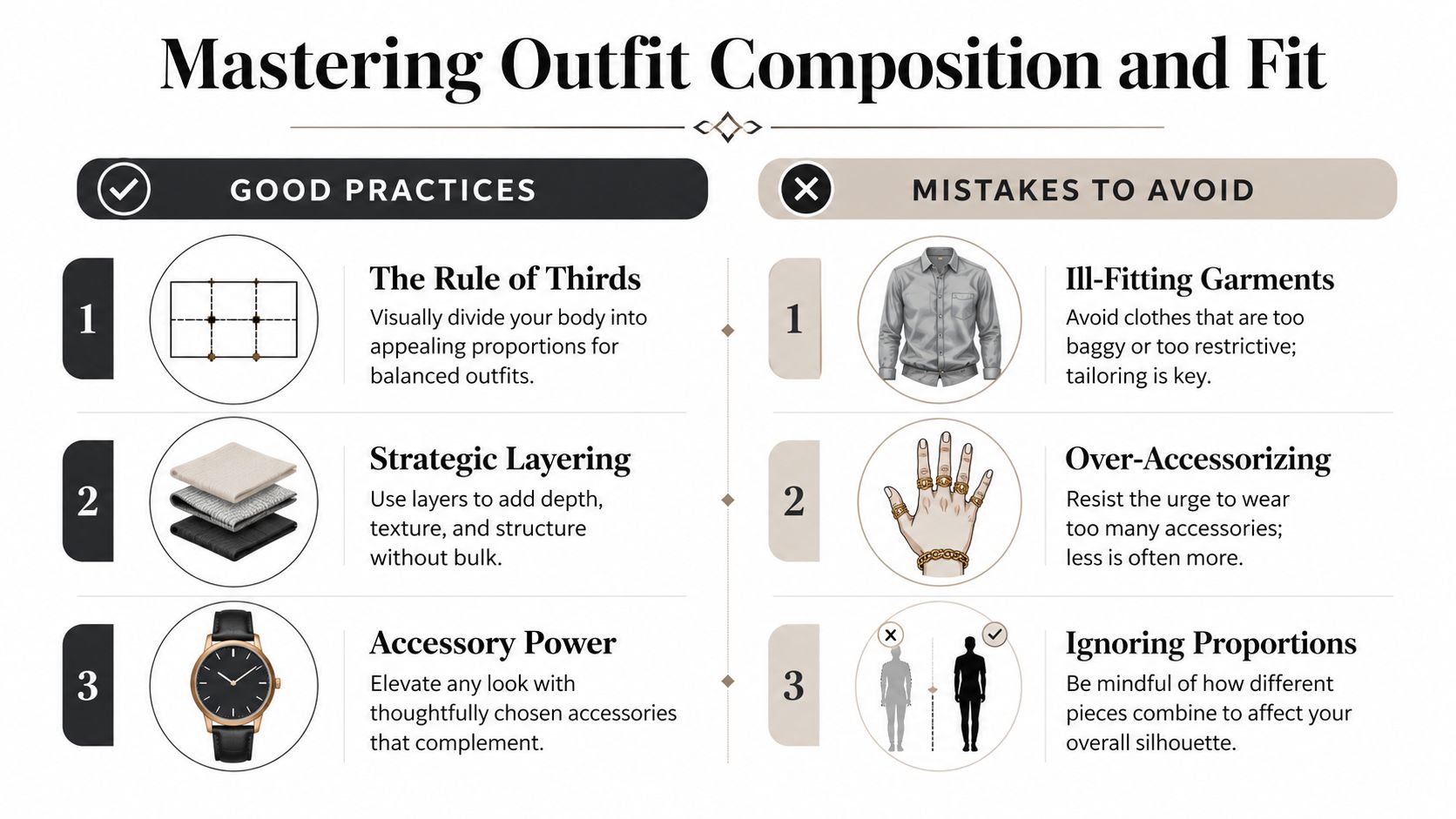 A visual guide titled Mastering Outfit Composition and Fit detailing three good practices and three mistakes to avoid.