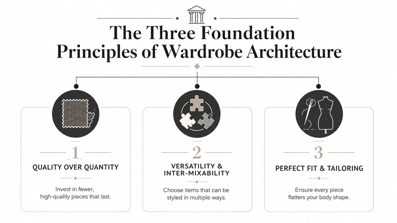 A diagram titled The Three Foundation Principles of Wardrobe Architecture, showing guidelines for quality, versatility, and fit.
